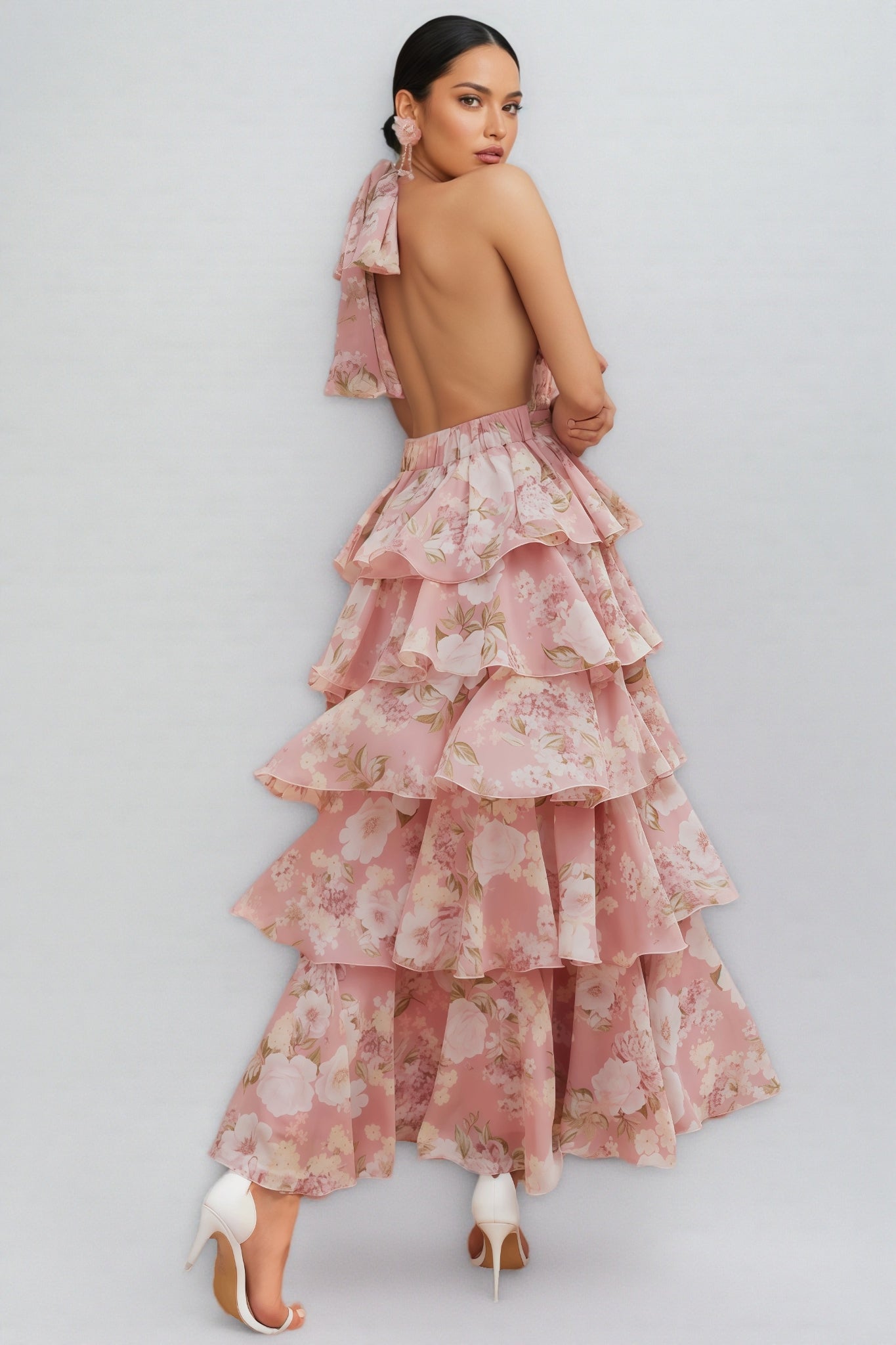 Isoldt Pink Open Back Tiered Maxi Dress