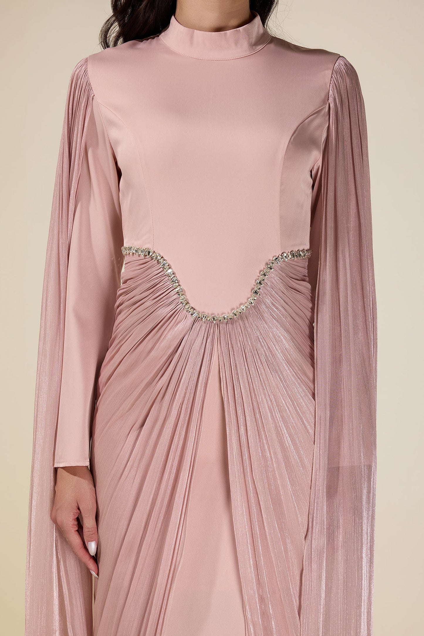 Satin Cape Sleeve Rhinestone Maxi Dress