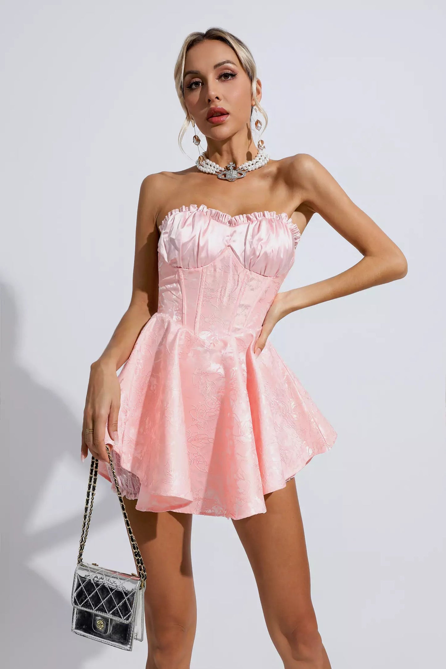 Daleyza Pink Lace Jacquard Bandeau Dress