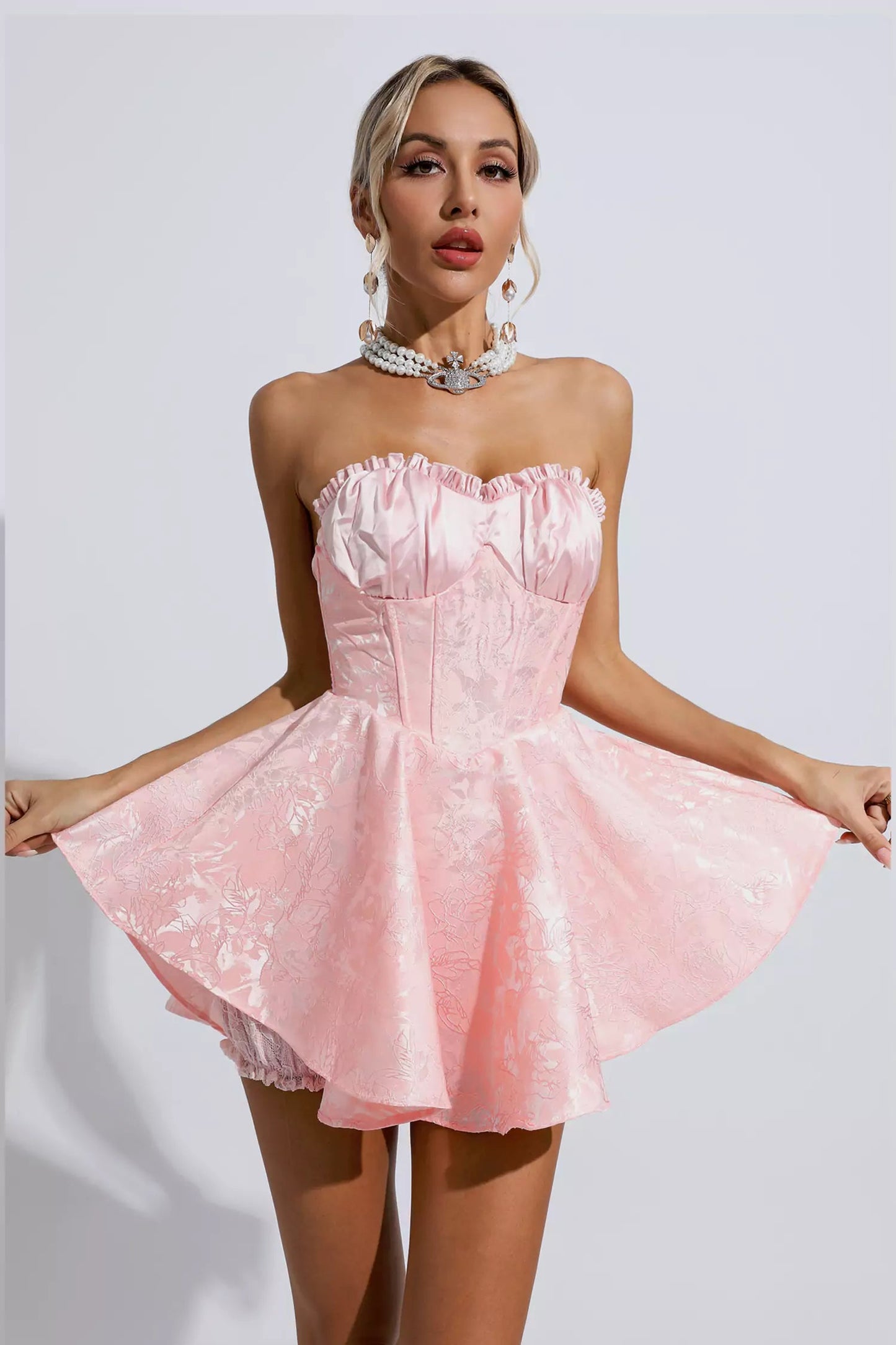 Daleyza Lace Jacquard Bandeau Dress-Pink