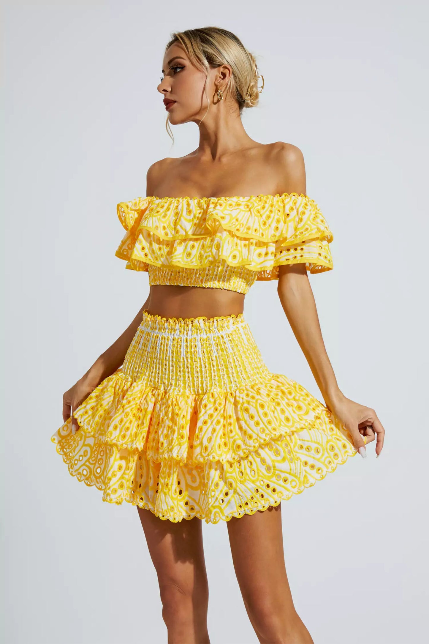Dorothy Yellow Floral Ruffle Off-Shoulder Set