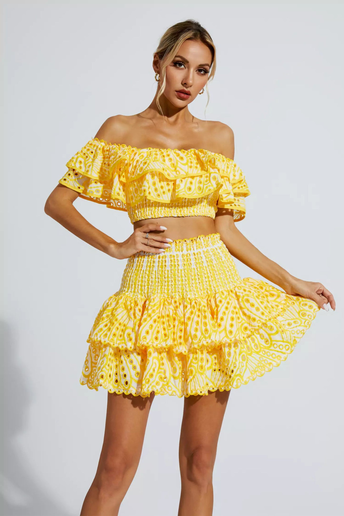 Dorothy Yellow Floral Ruffle Off-Shoulder Set