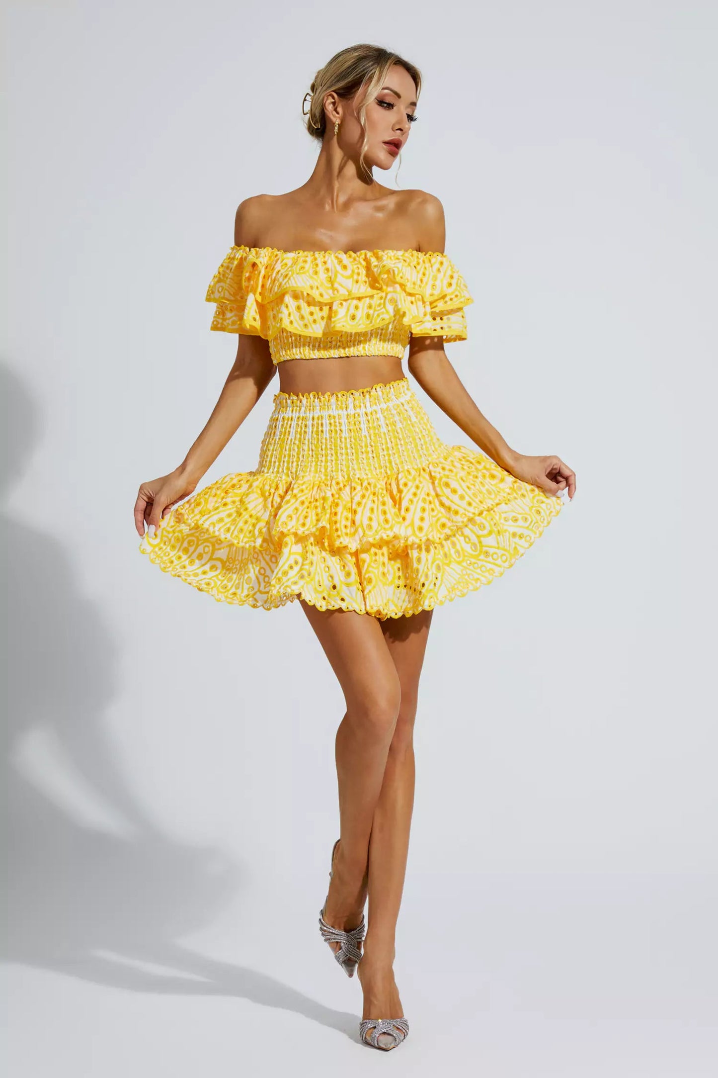 Dorothy Yellow Floral Ruffle Off-Shoulder Set