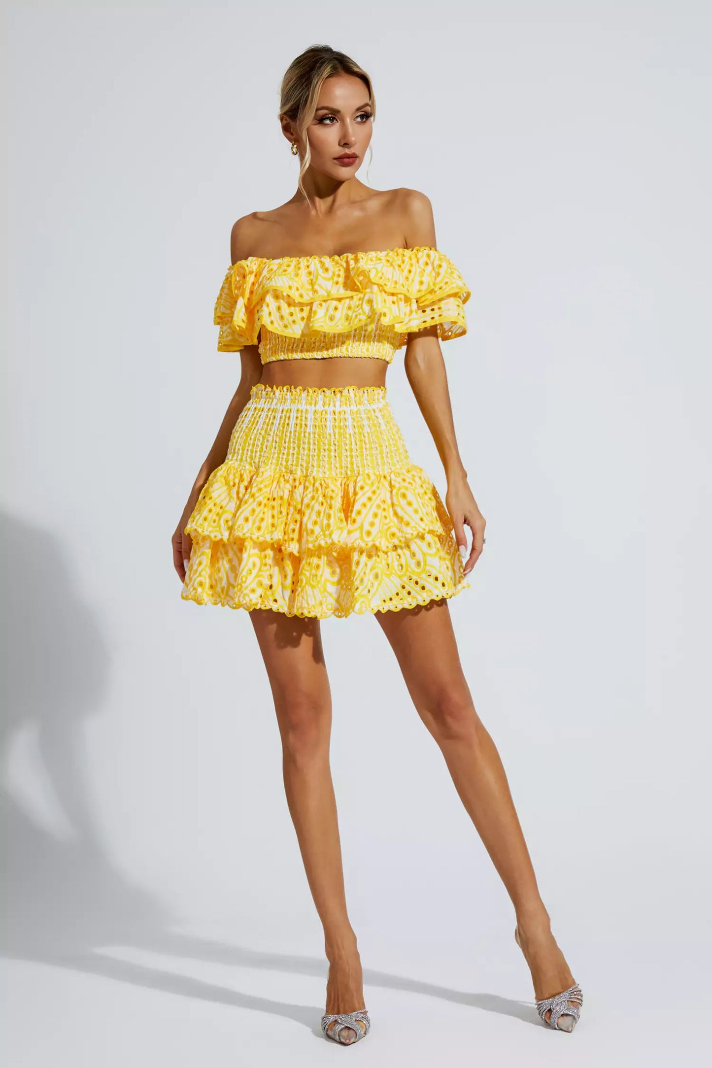 Dorothy Yellow Floral Ruffle Off-Shoulder Set