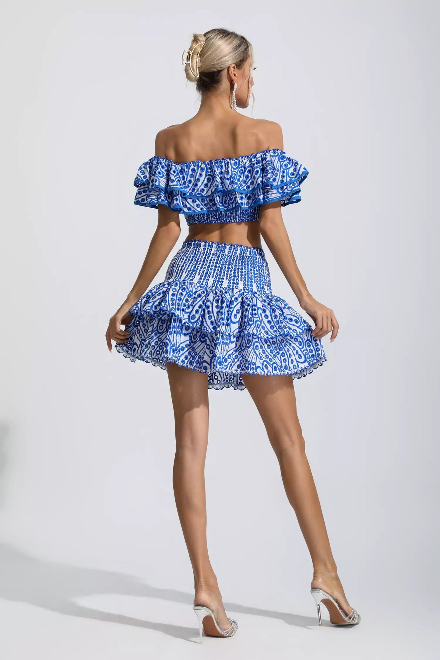 Dorothy Blue Floral Ruffle Off-Shoulder Set