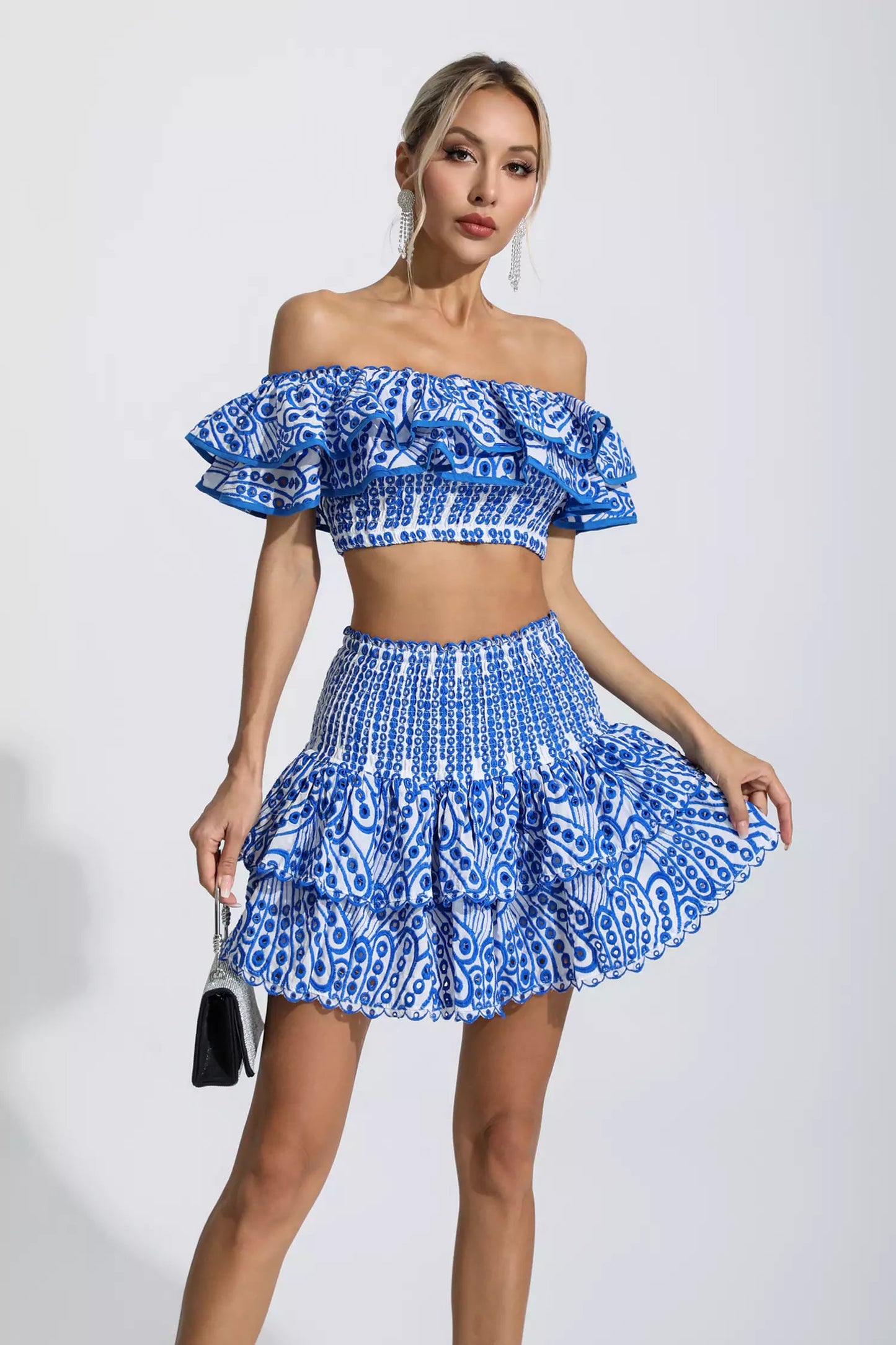 Dorothy Blue Floral Ruffle Off-Shoulder Set