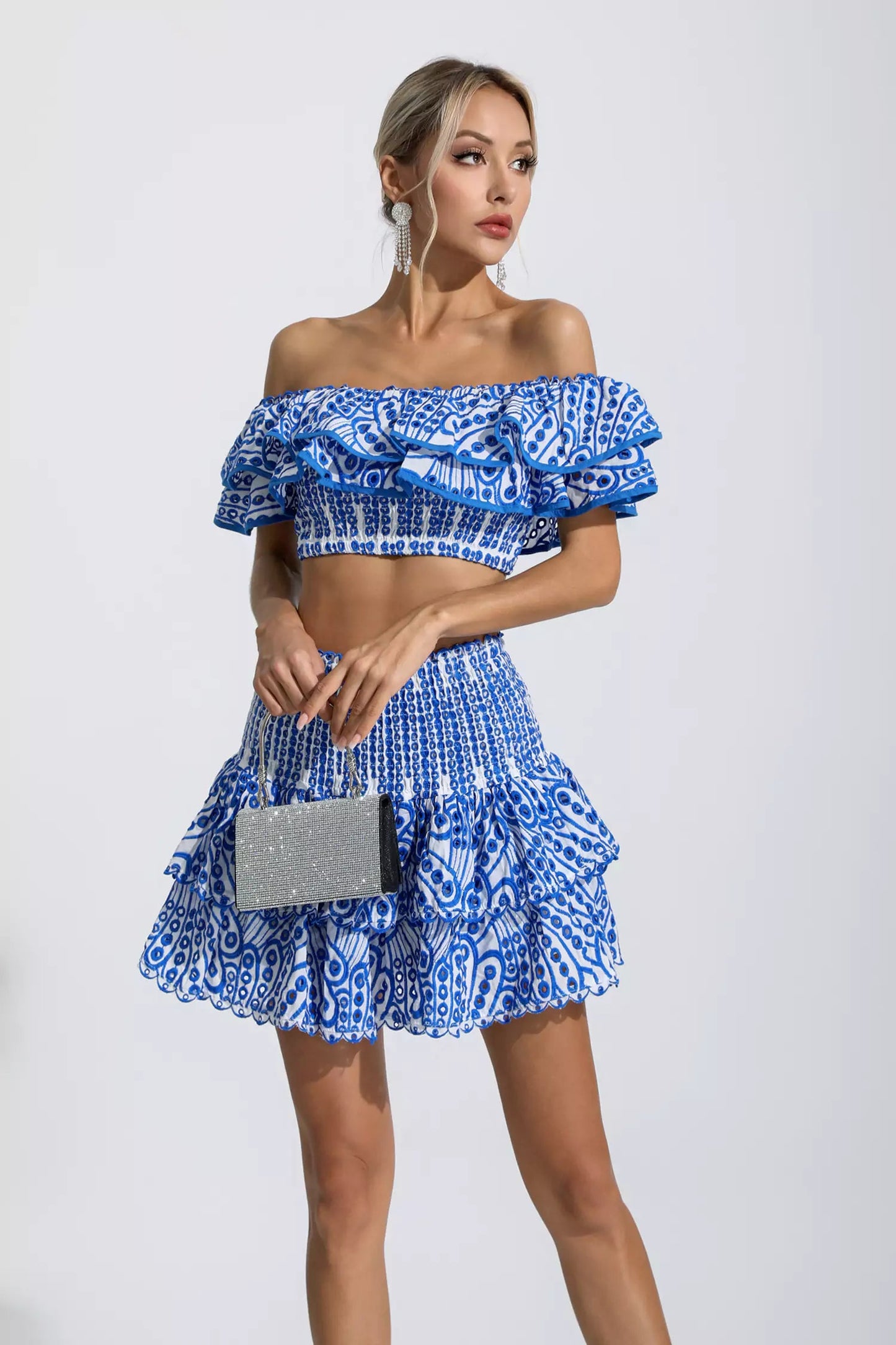 Dorothy Blue Floral Ruffle Off-Shoulder Set