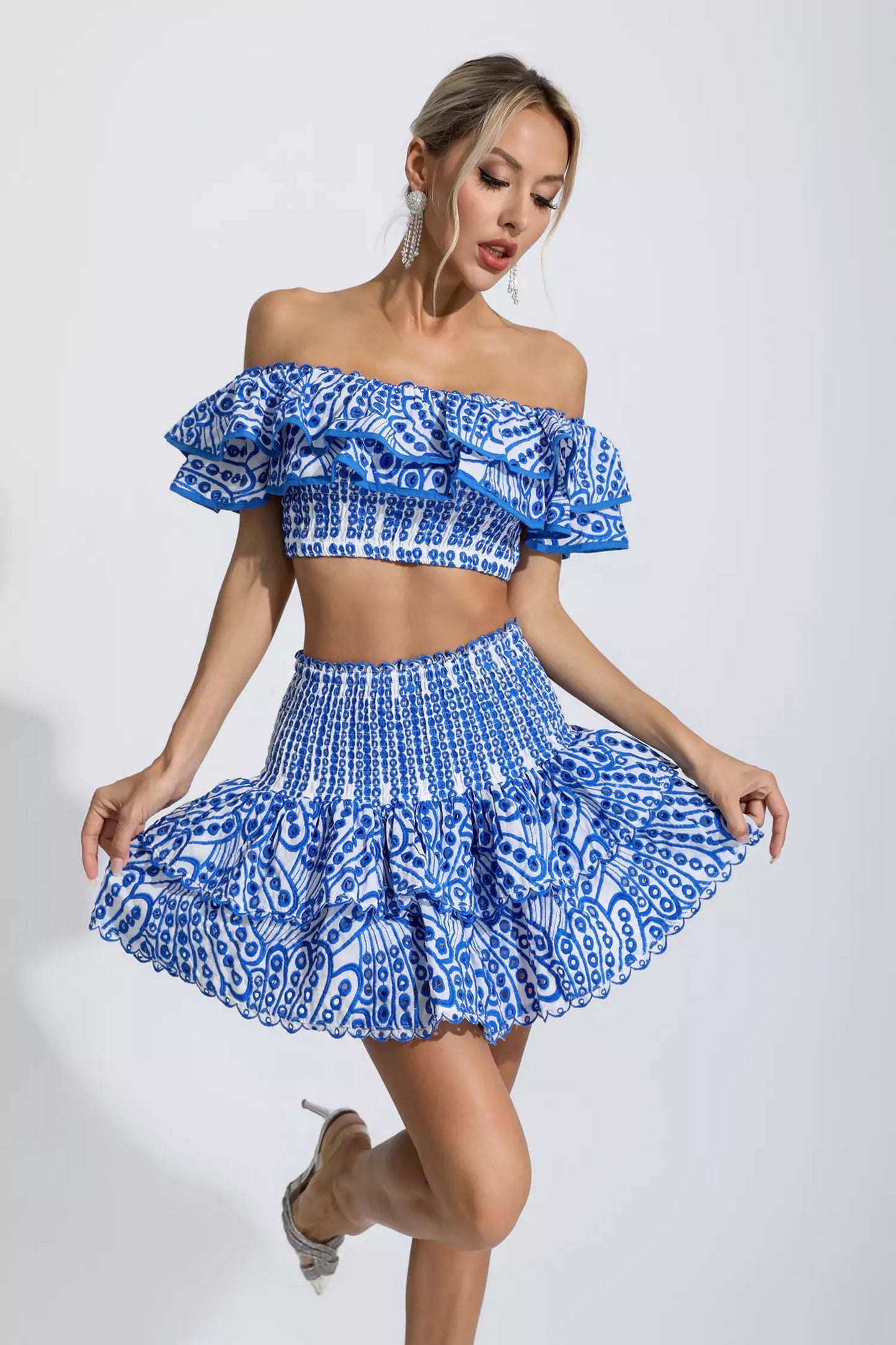 Dorothy Blue Floral Ruffle Off-Shoulder Set