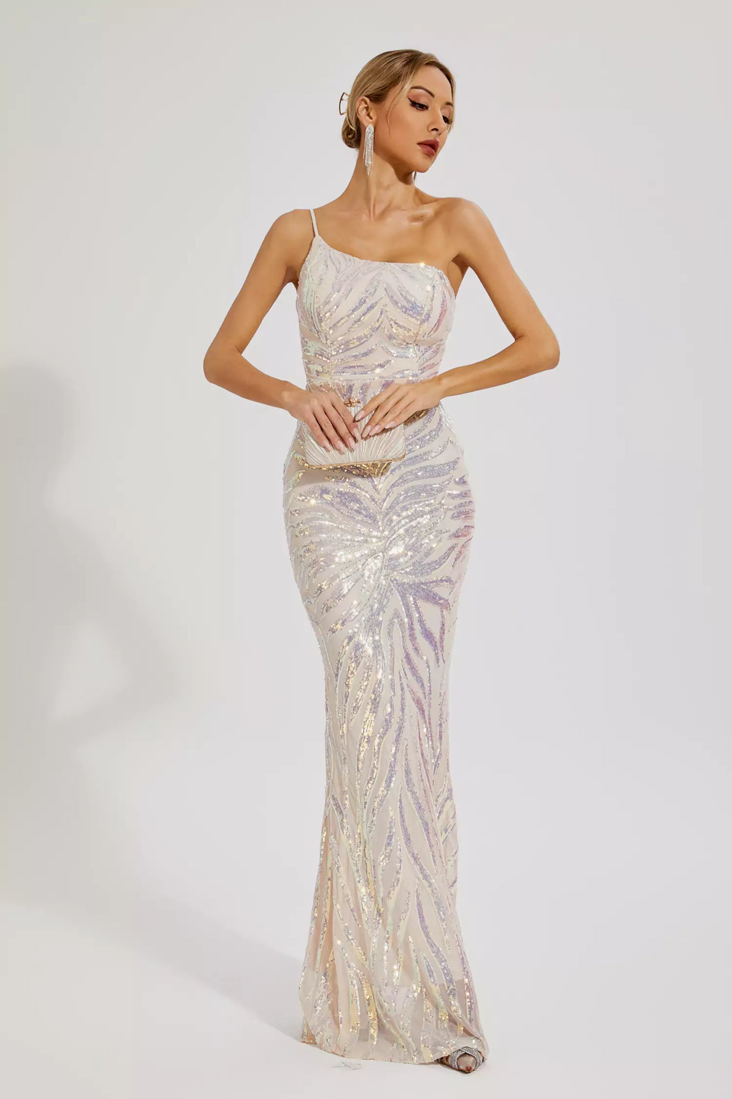 Elia Apricot Sequins One-shoulder Dress