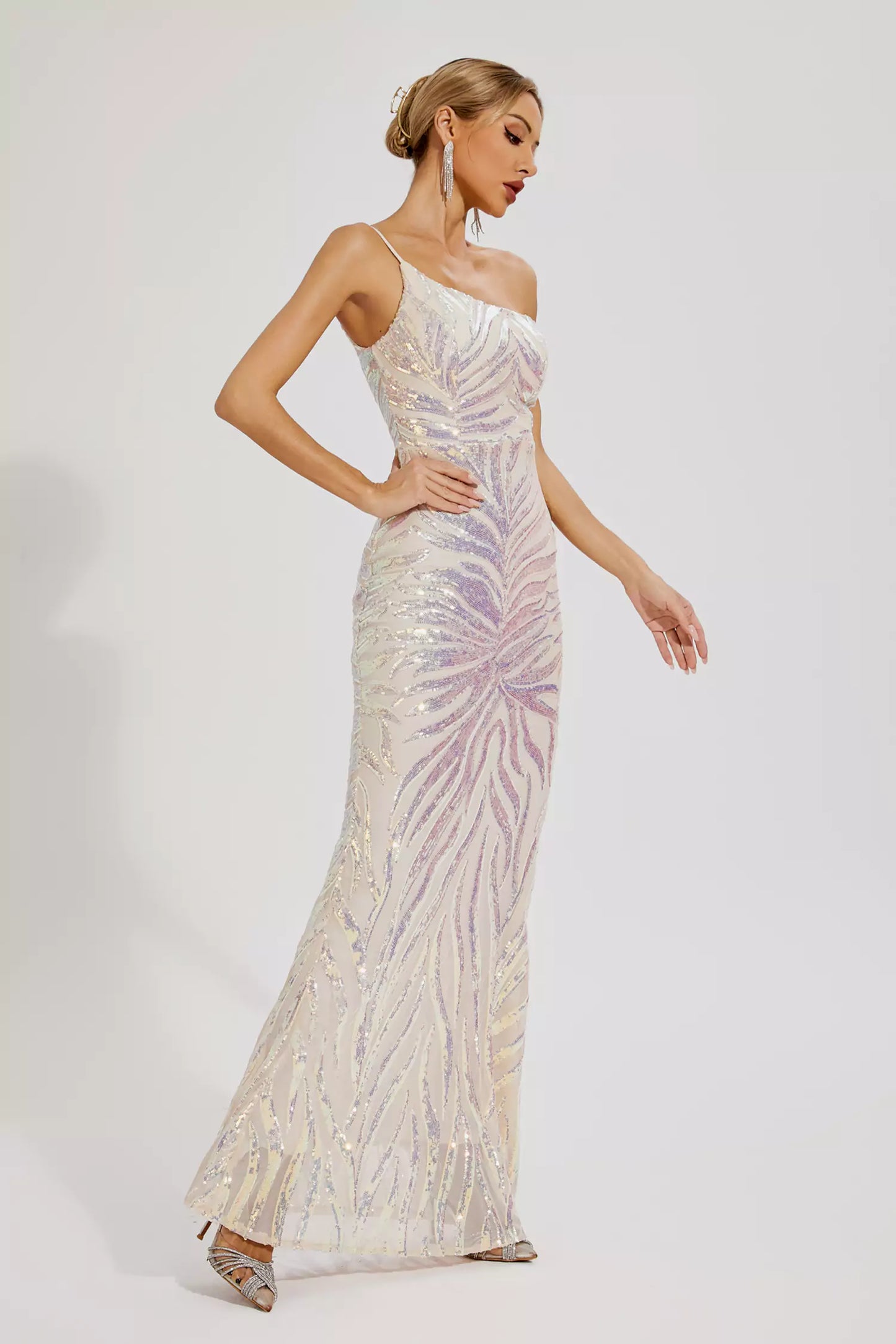 Elia Apricot Sequins One-shoulder Dress