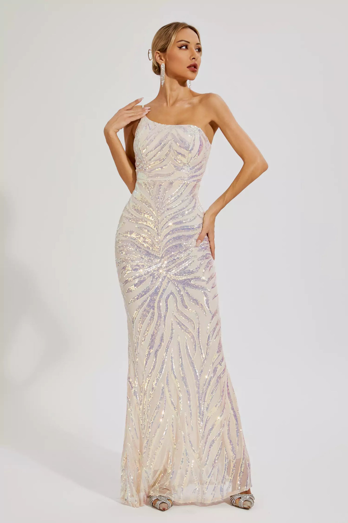 Elia Apricot Sequins One-shoulder Dress