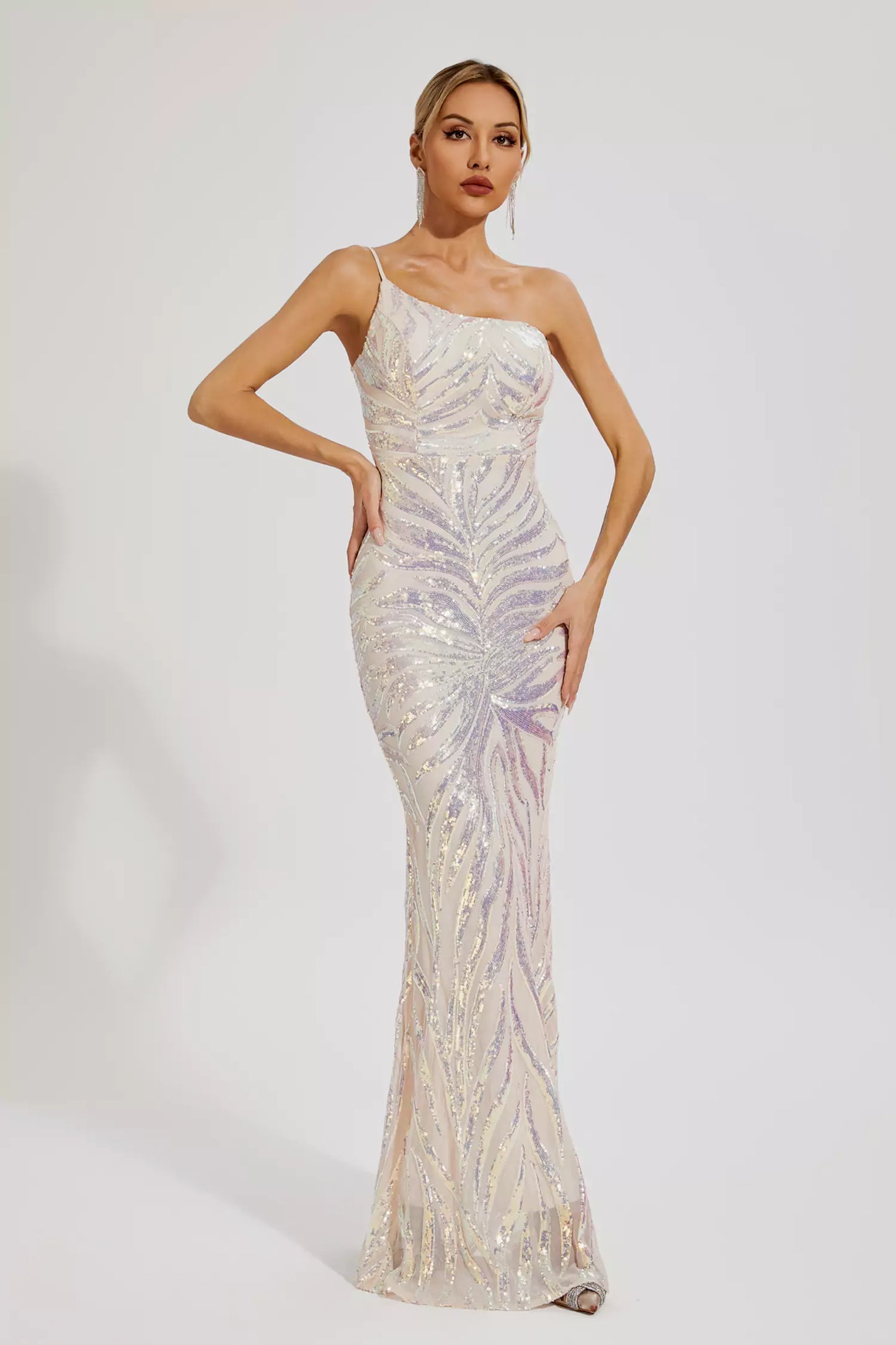 Elia Apricot Sequins One-shoulder Dress