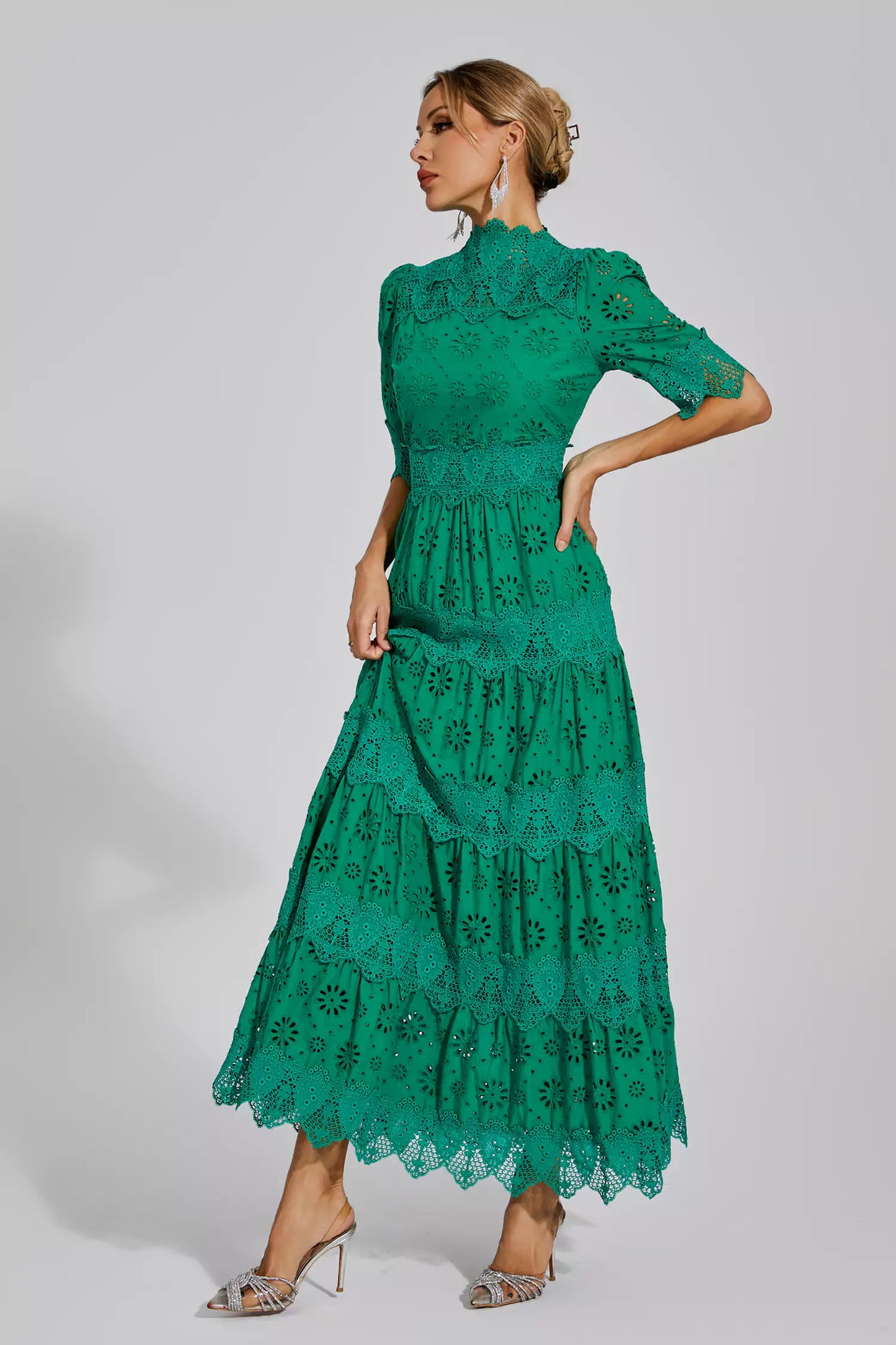 Kenna Green Hollow Half Sleeve Midi Dress