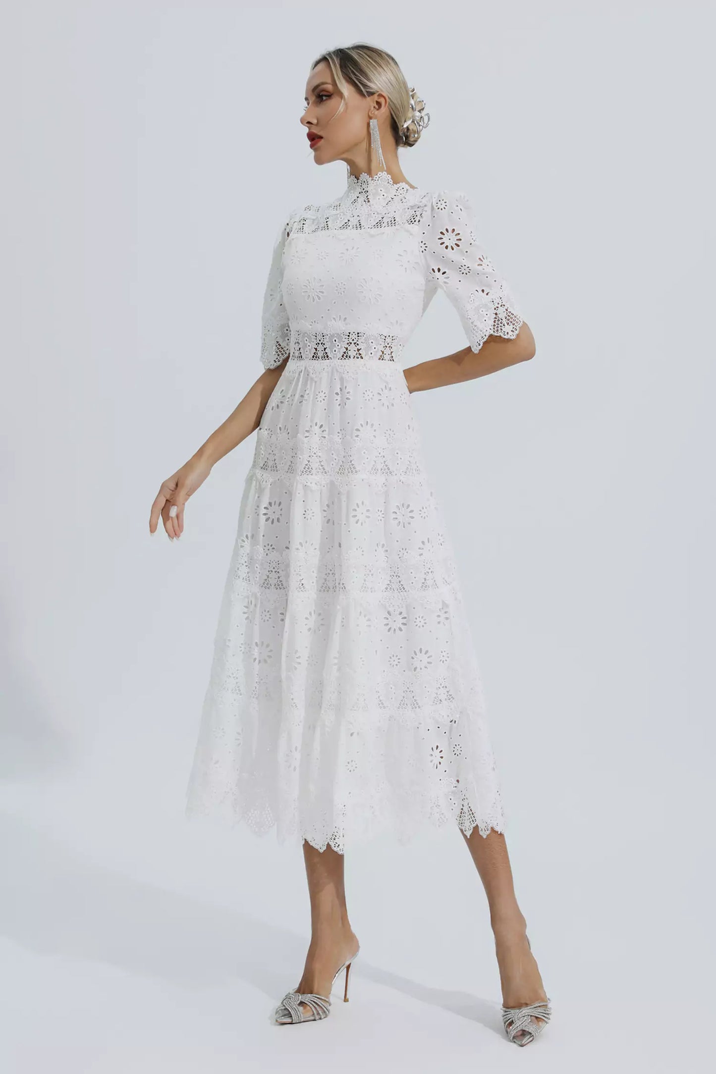 Kenna White Hollow Half Sleeve Midi Dress