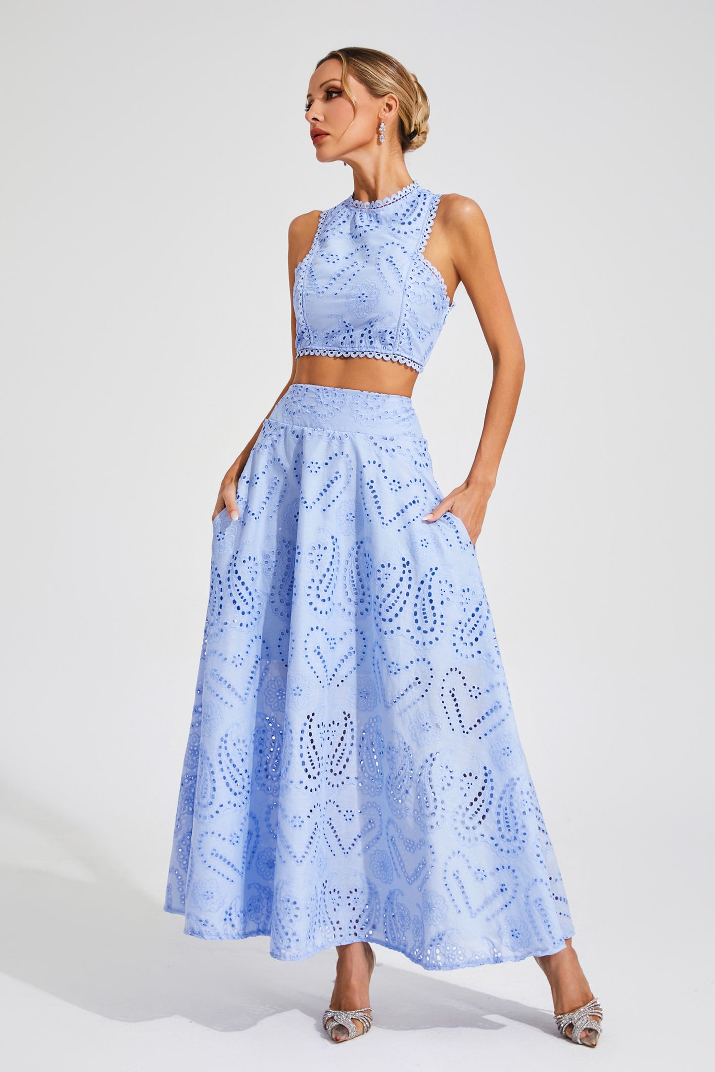 Lamb Blue Embroider Sleeveless Set
