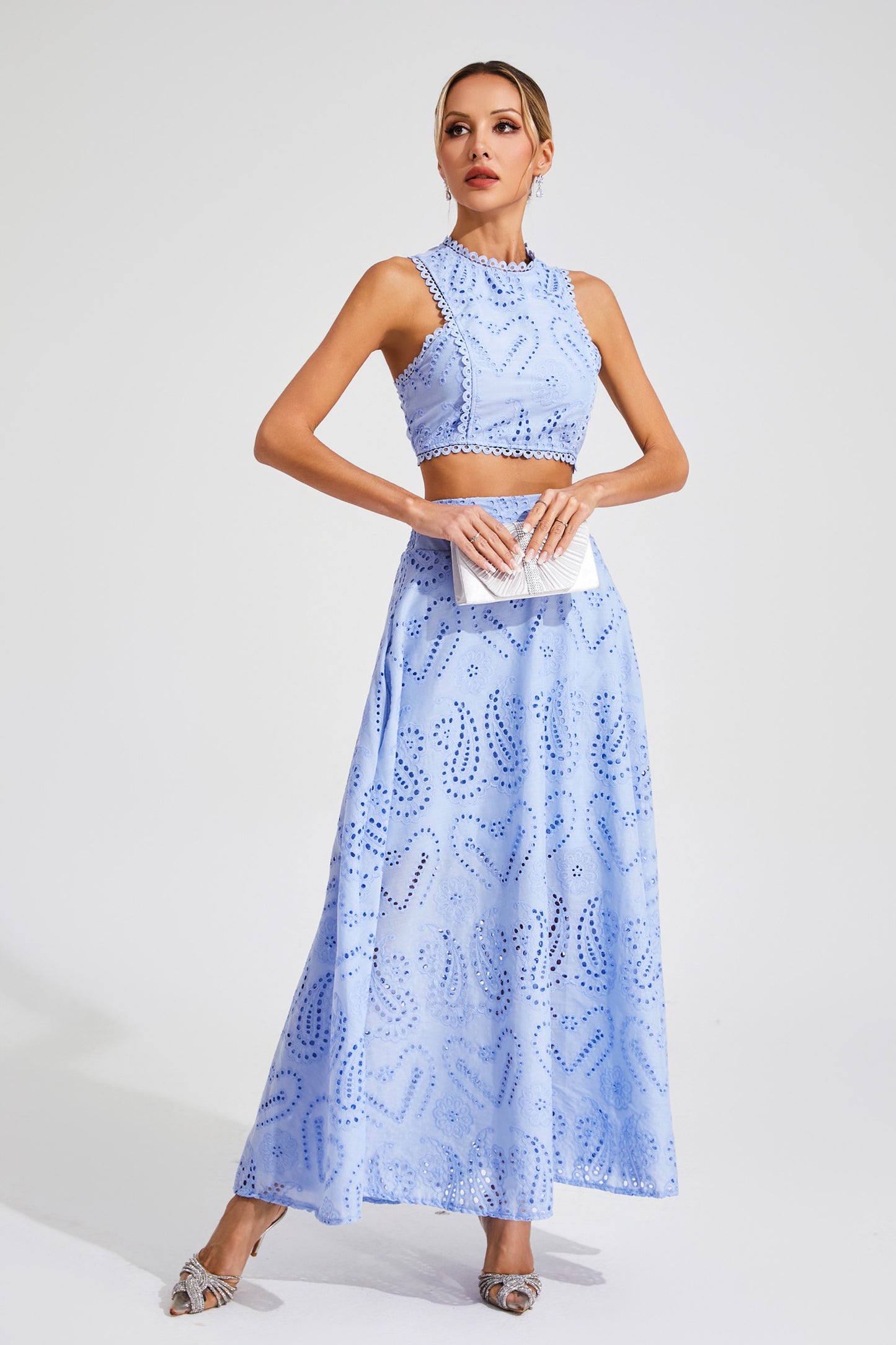 Lamb Blue Embroider Sleeveless Set