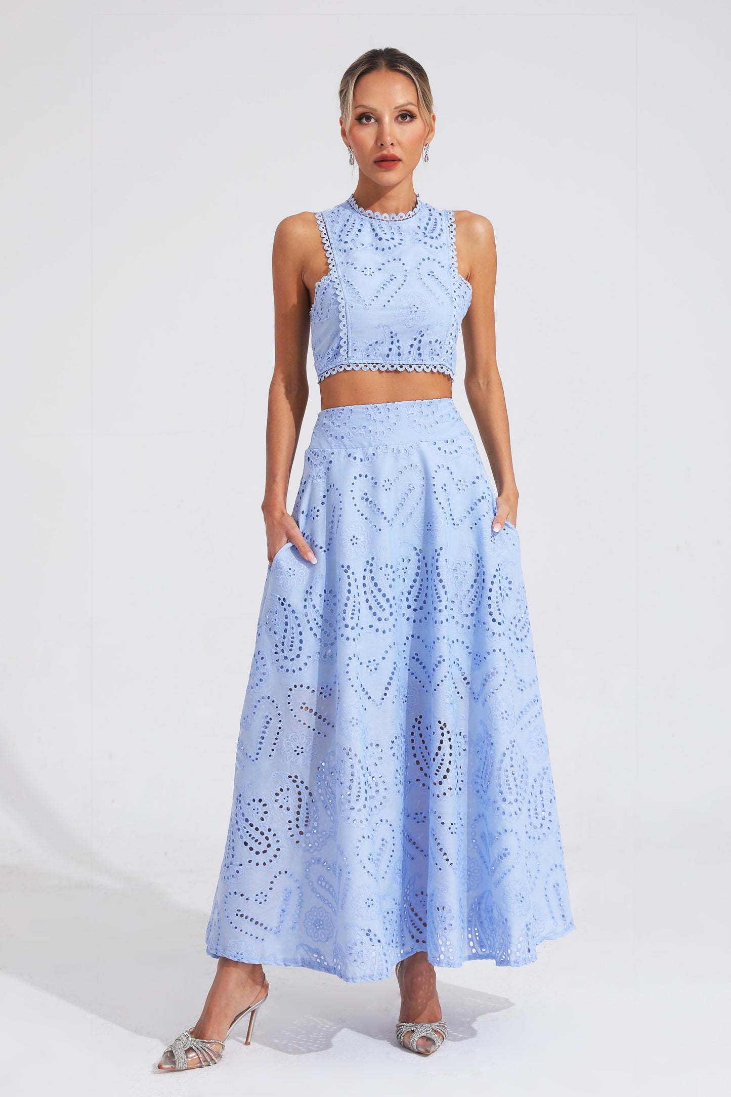 Lamb Blue Embroider Sleeveless Set