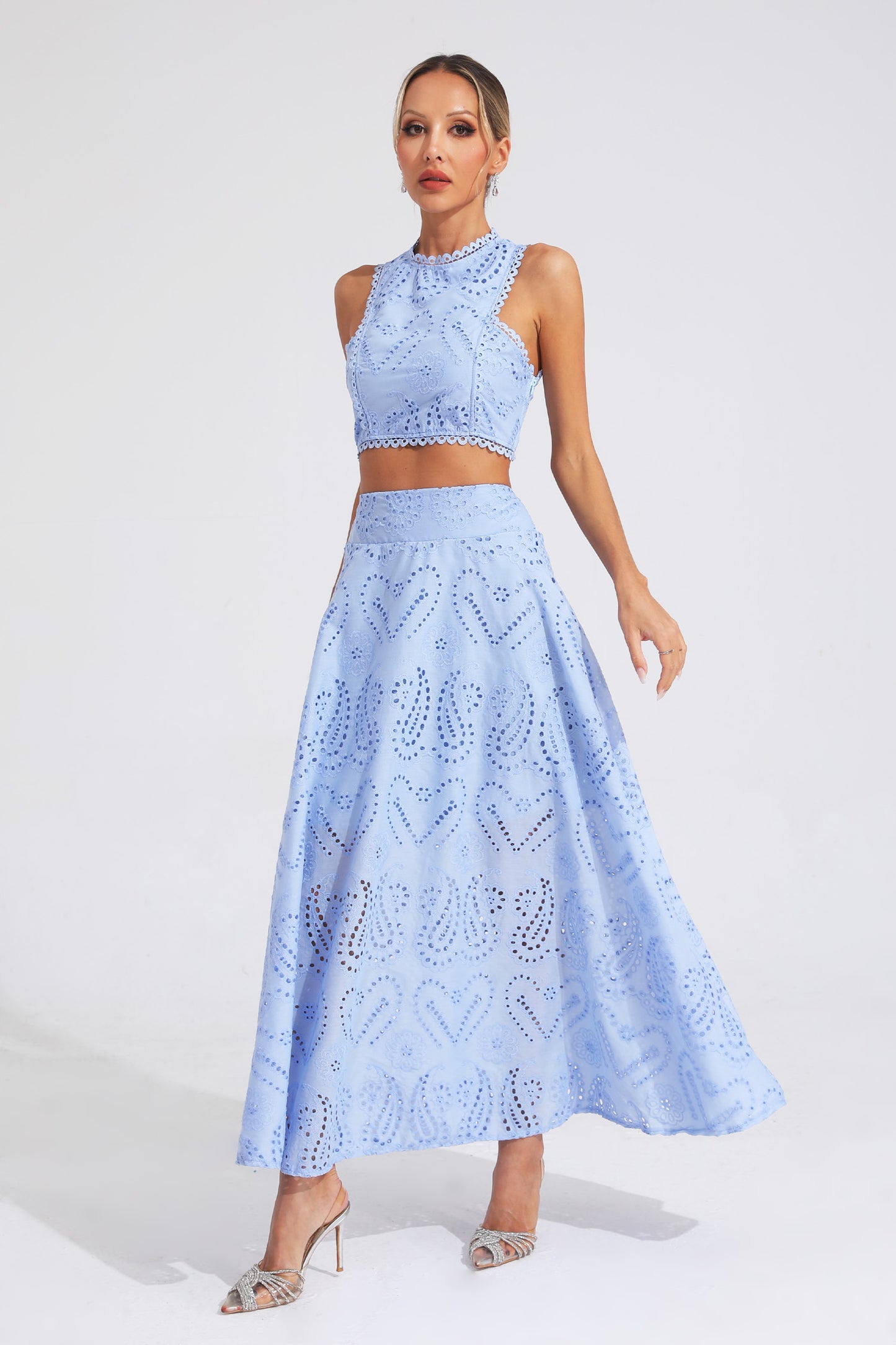 Lamb Blue Embroider Sleeveless Set