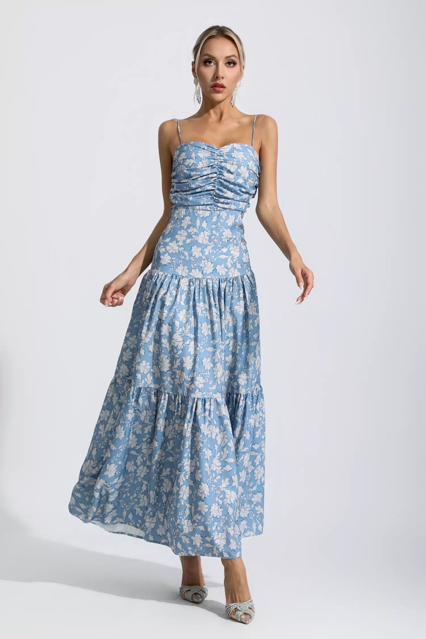 Lyra Blue Floral Ruched Slip Maxi Dress