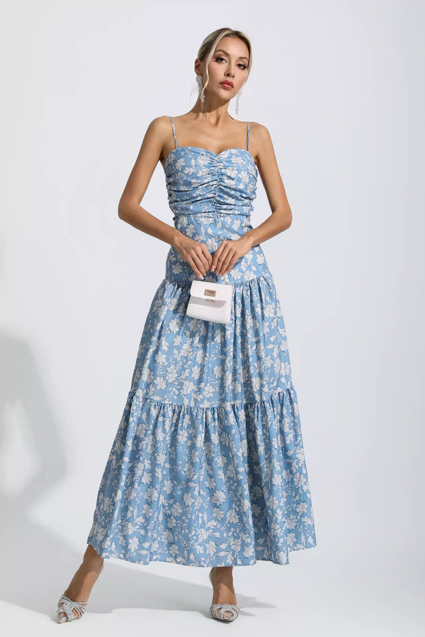 Lyra Blue Floral Ruched Slip Maxi Dress
