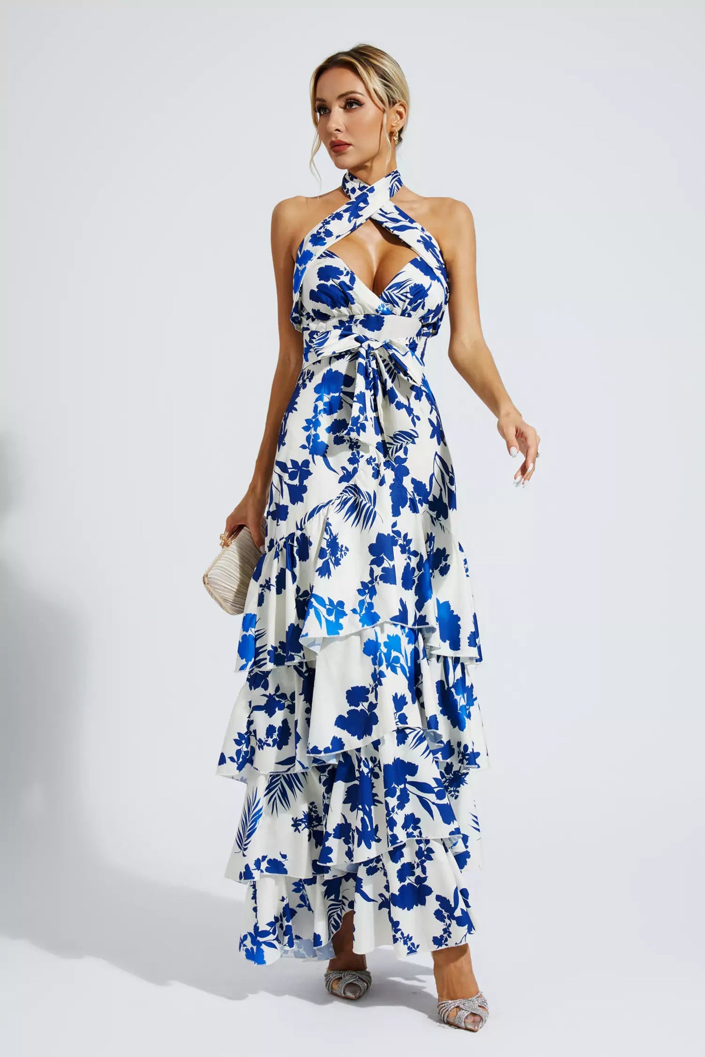 Mae Blue Bohemian Lace-up Maxi Dress