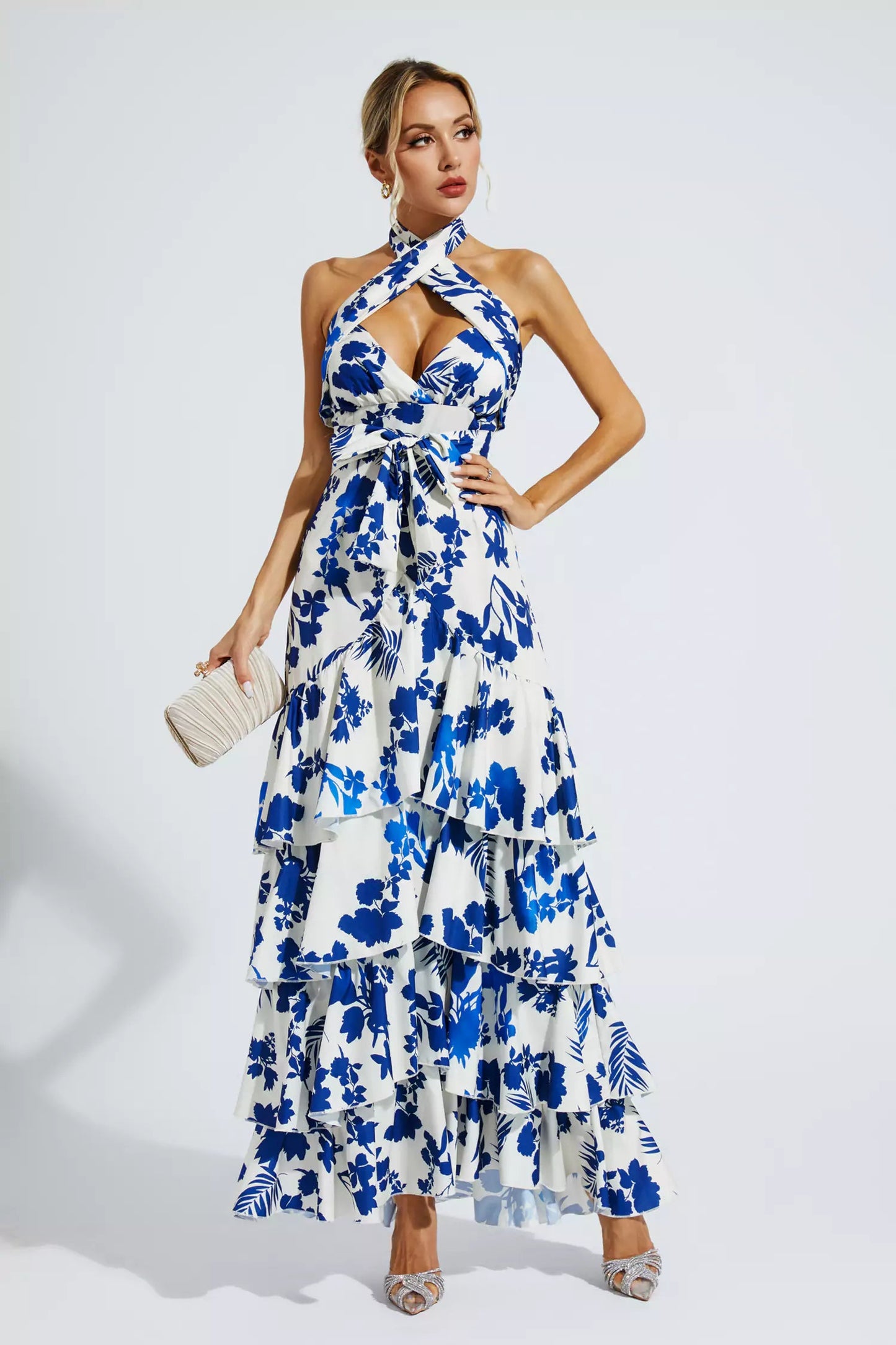 Mae Blue Bohemian Lace-up Maxi Dress