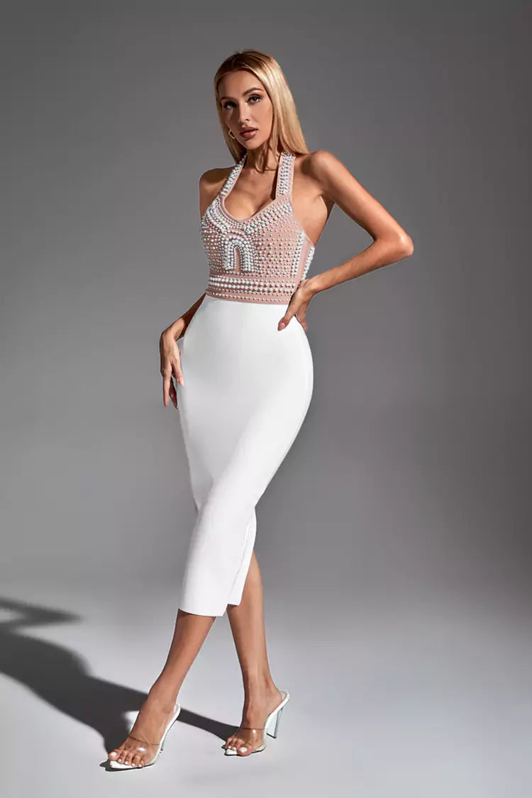 Mia White Pearl Halter Bandage Dress