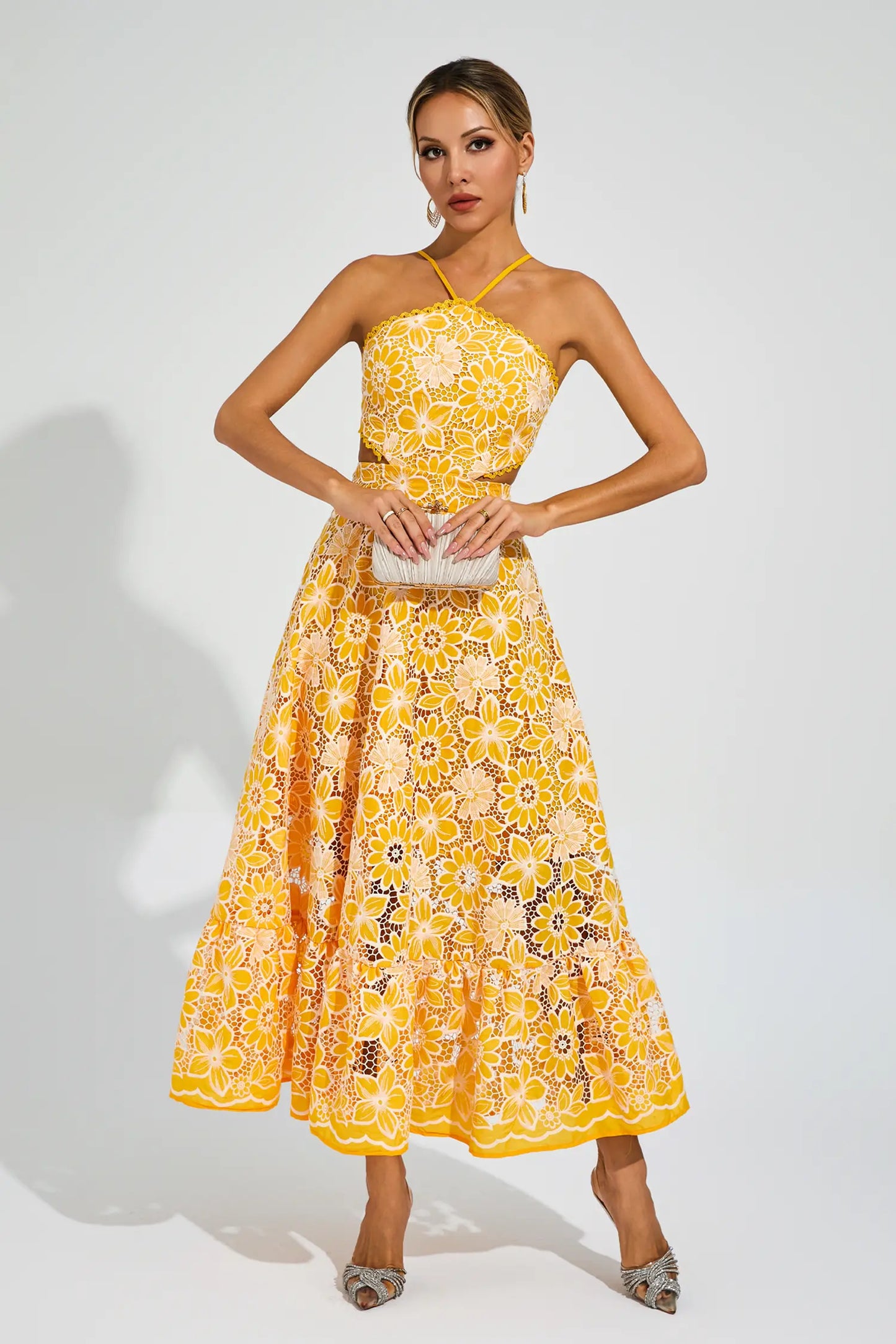 Michaelia Yellow Cut Out Halter Dress