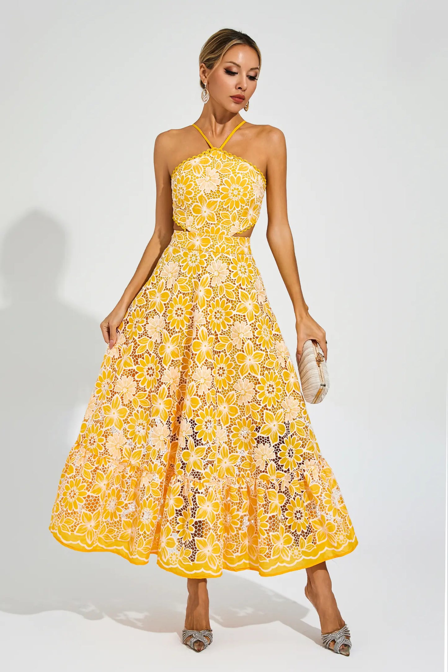 Michaelia Yellow Cut Out Halter Dress