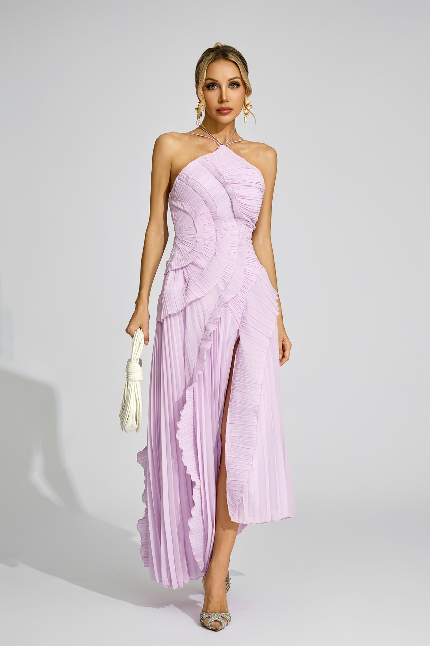 Moses Purple Asymmetric Pleated Halter Dress
