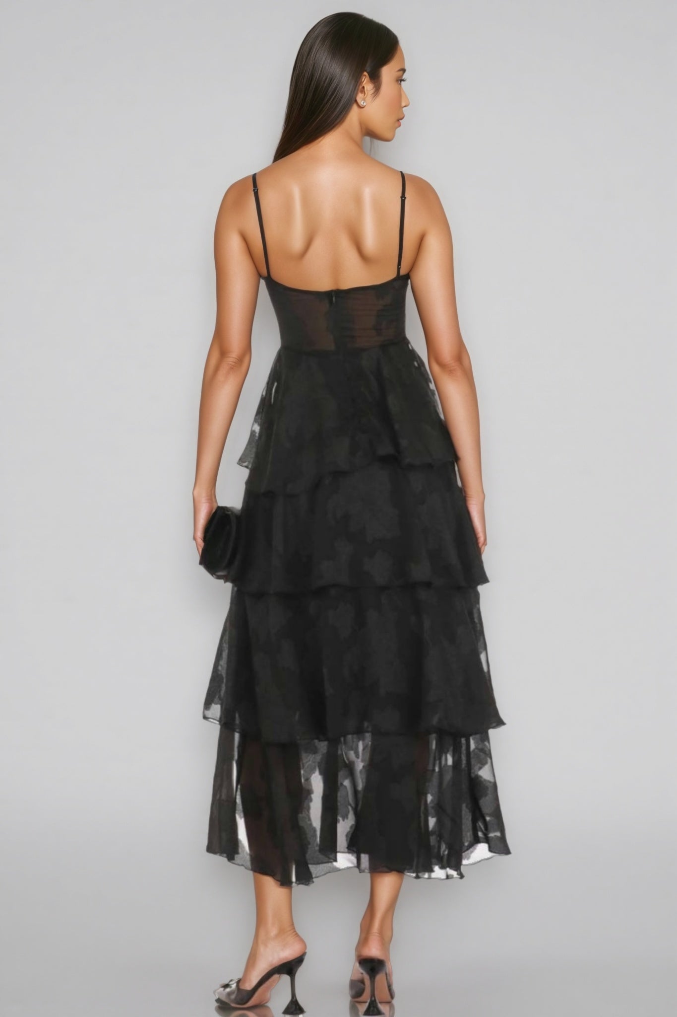 Thomle Black Floral Ruffle A-line Maxi Dress