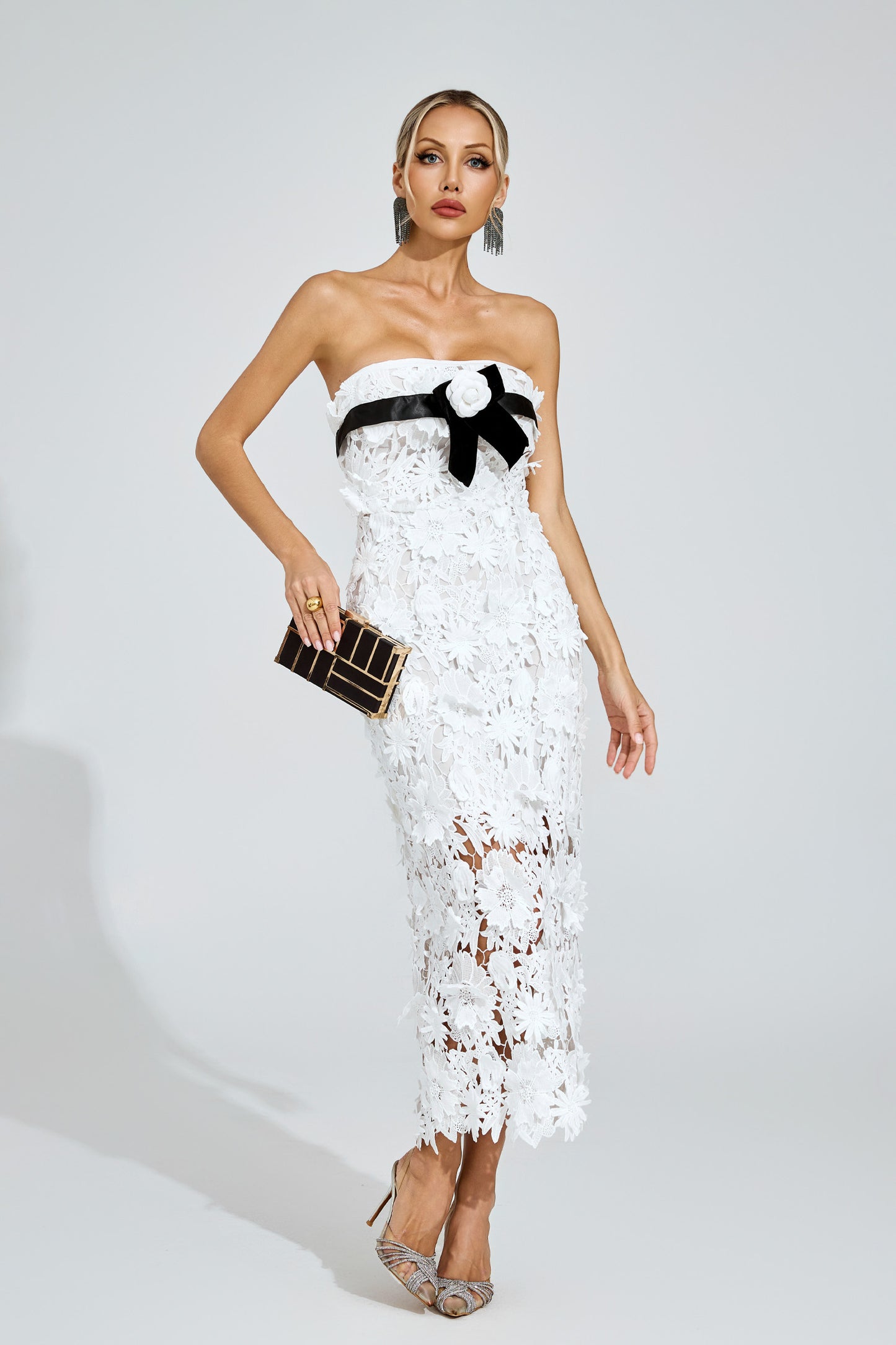 Raleign White Floral Lace Midi Dress