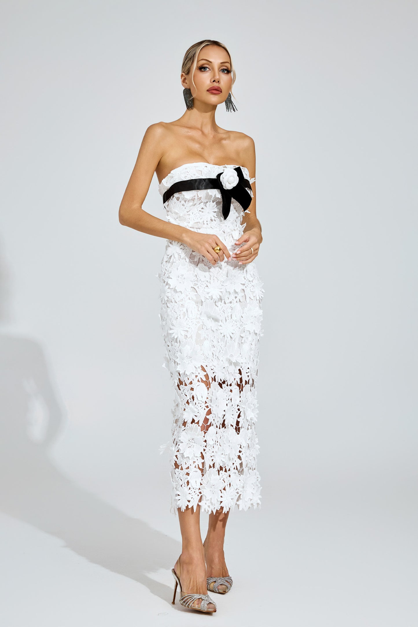 Raleign White Floral Lace Midi Dress