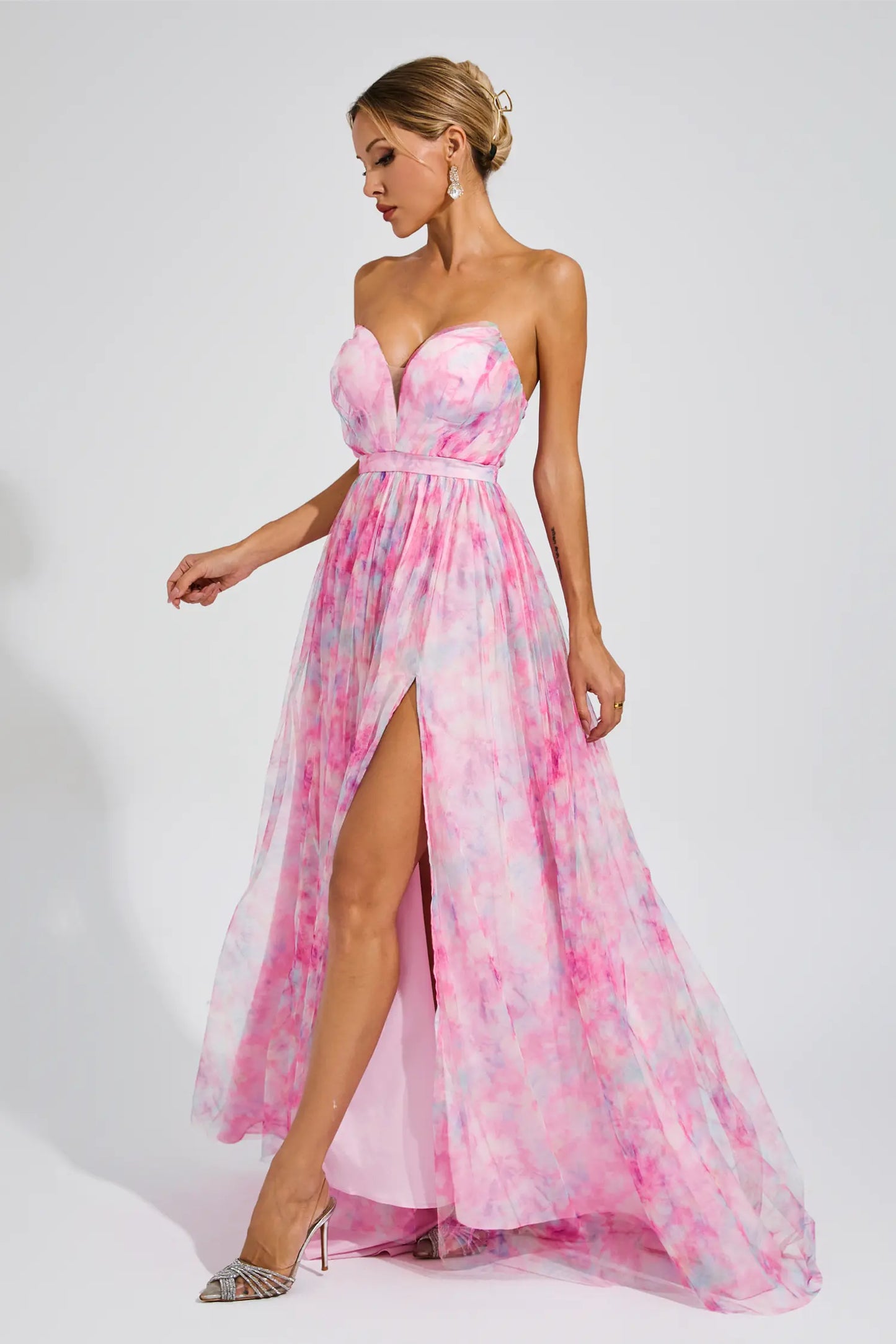 Sheila Pink Floral Slit Off Shoulder Dress