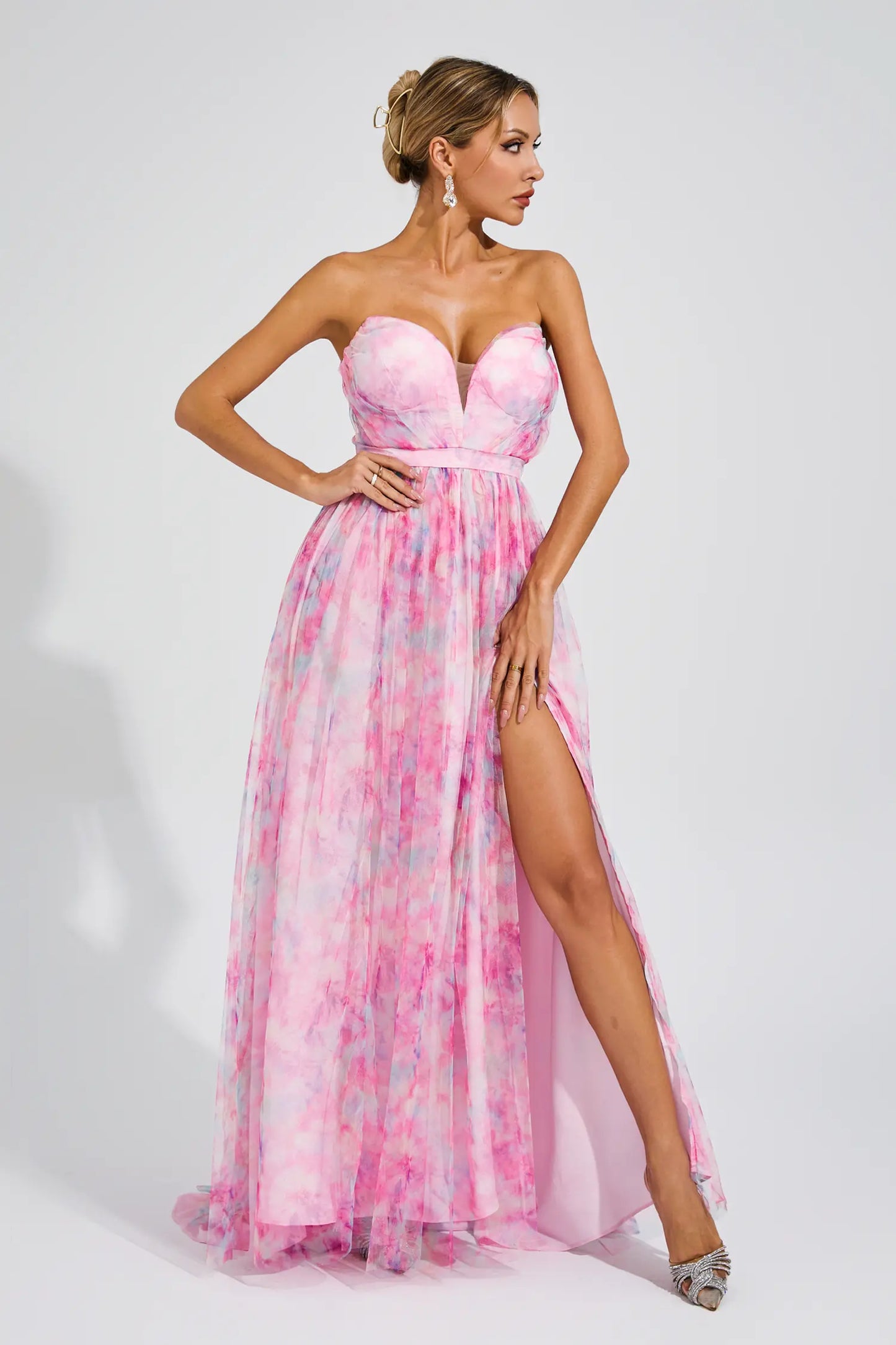 Sheila Pink Floral Slit Off Shoulder Dress