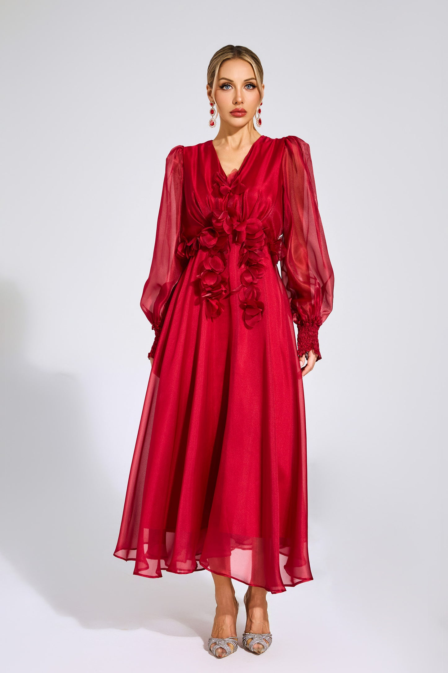 Steele Red Flower Satin Midi Dress