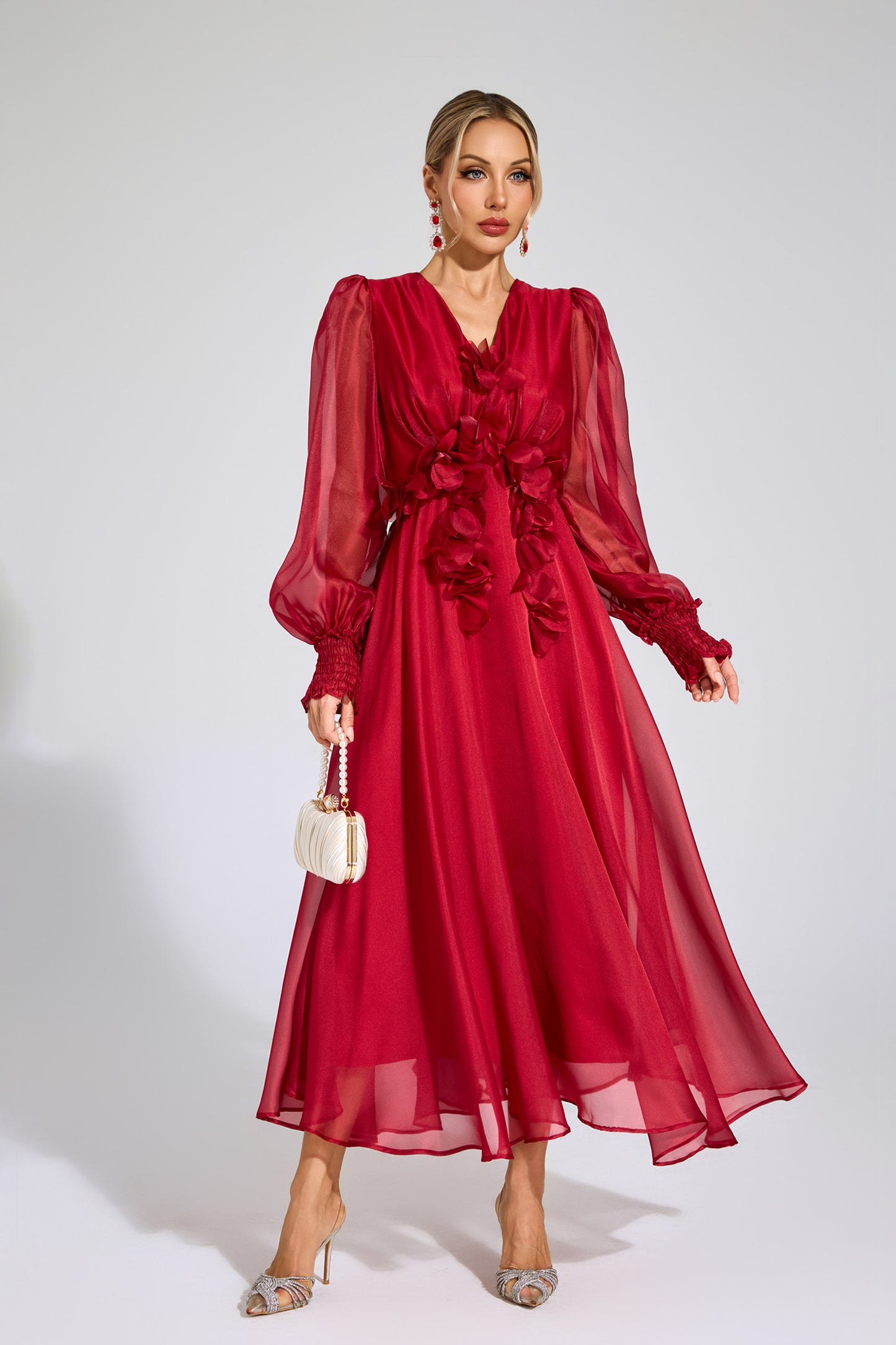 Steele Red Flower Satin Midi Dress