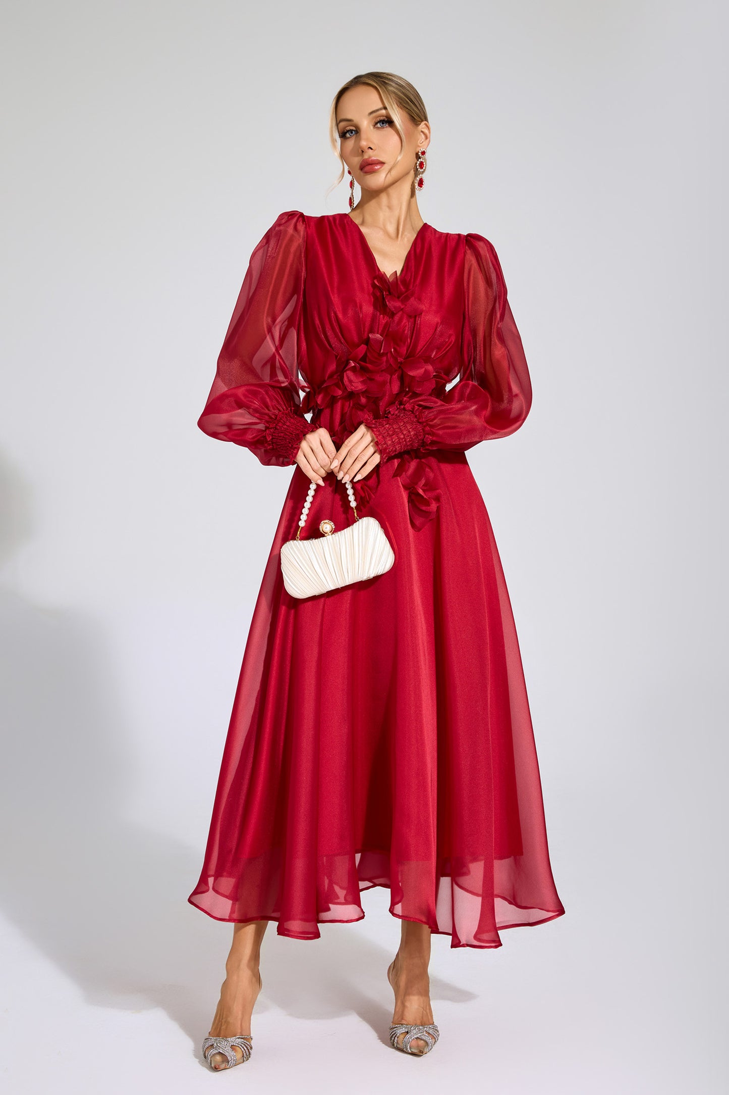 Steele Red Flower Satin Midi Dress