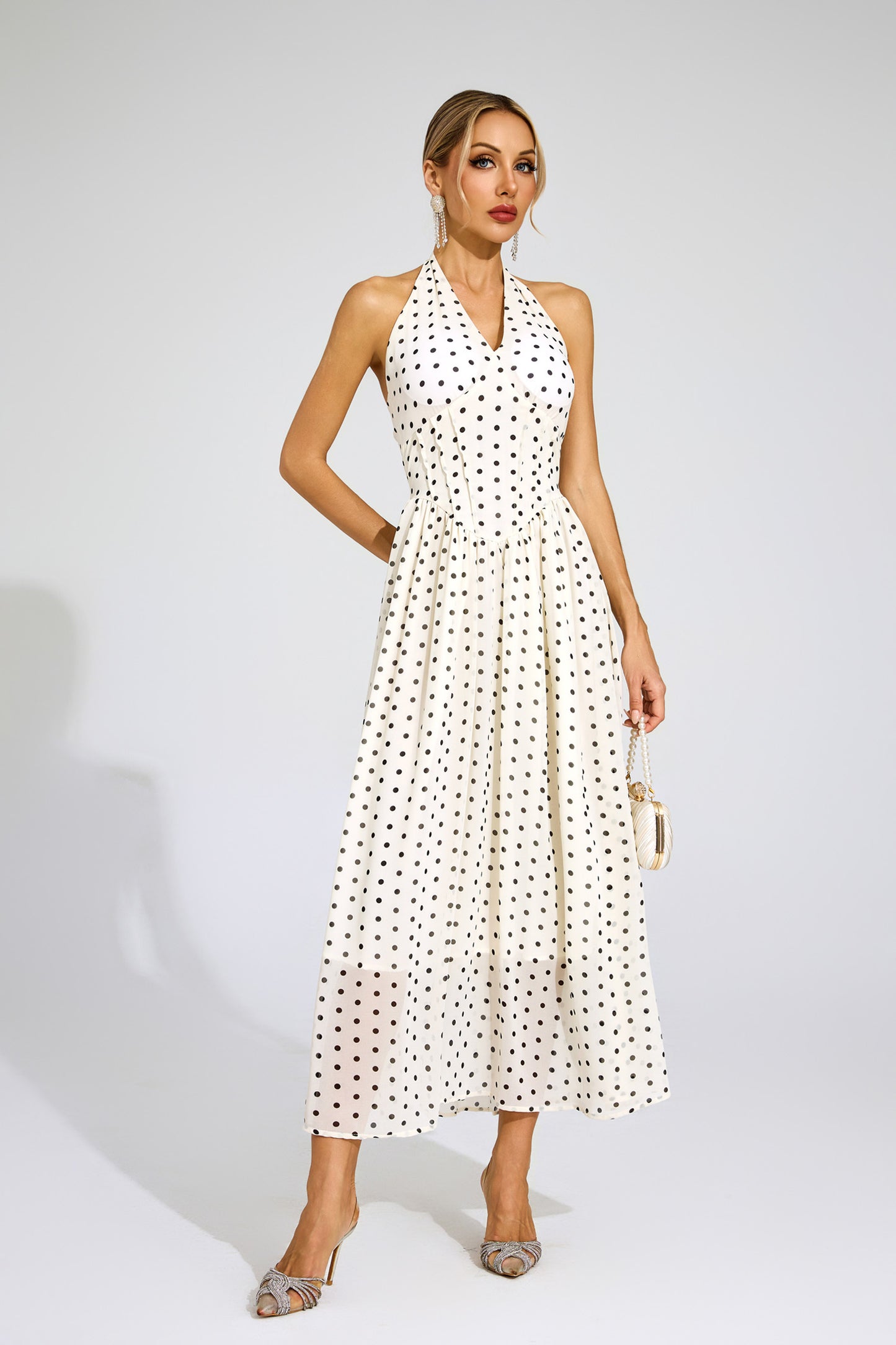 Stephanie White Polka Dot Halter Dress