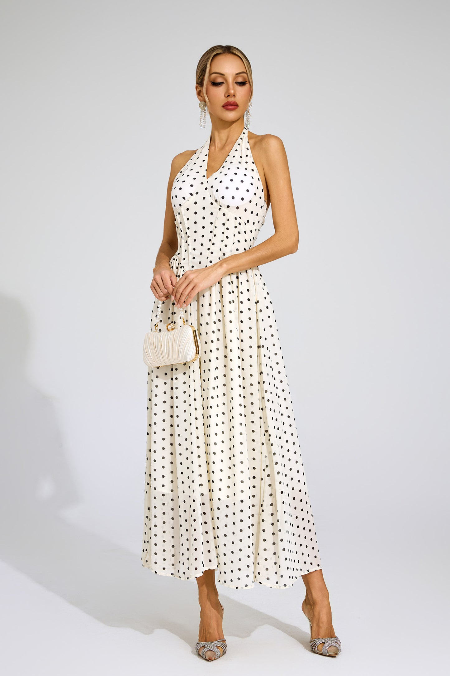 Stephanie White Polka Dot Halter Dress