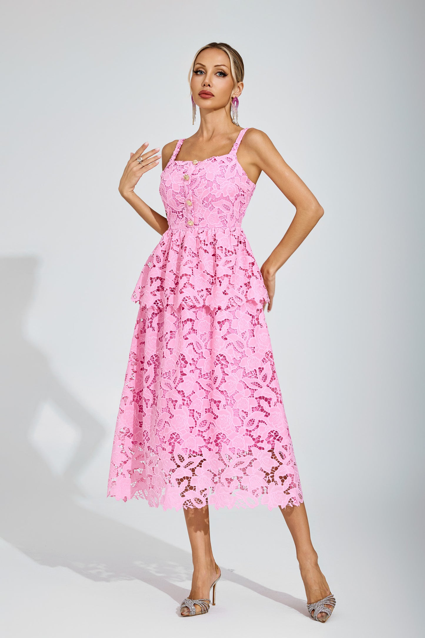 Suzanne Pink Lace Midi Dress