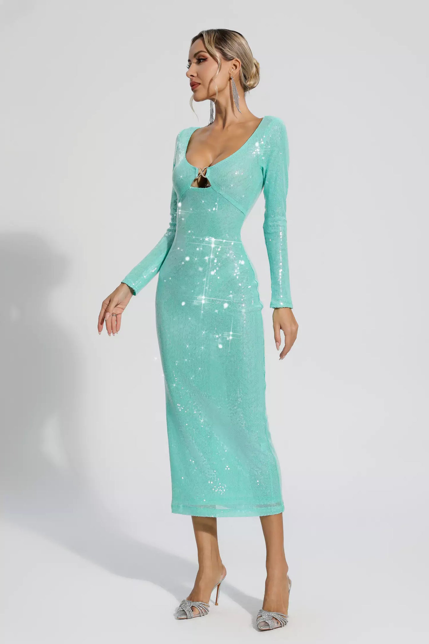 Winnie Green Long Sleeve Sequin Midi Dress