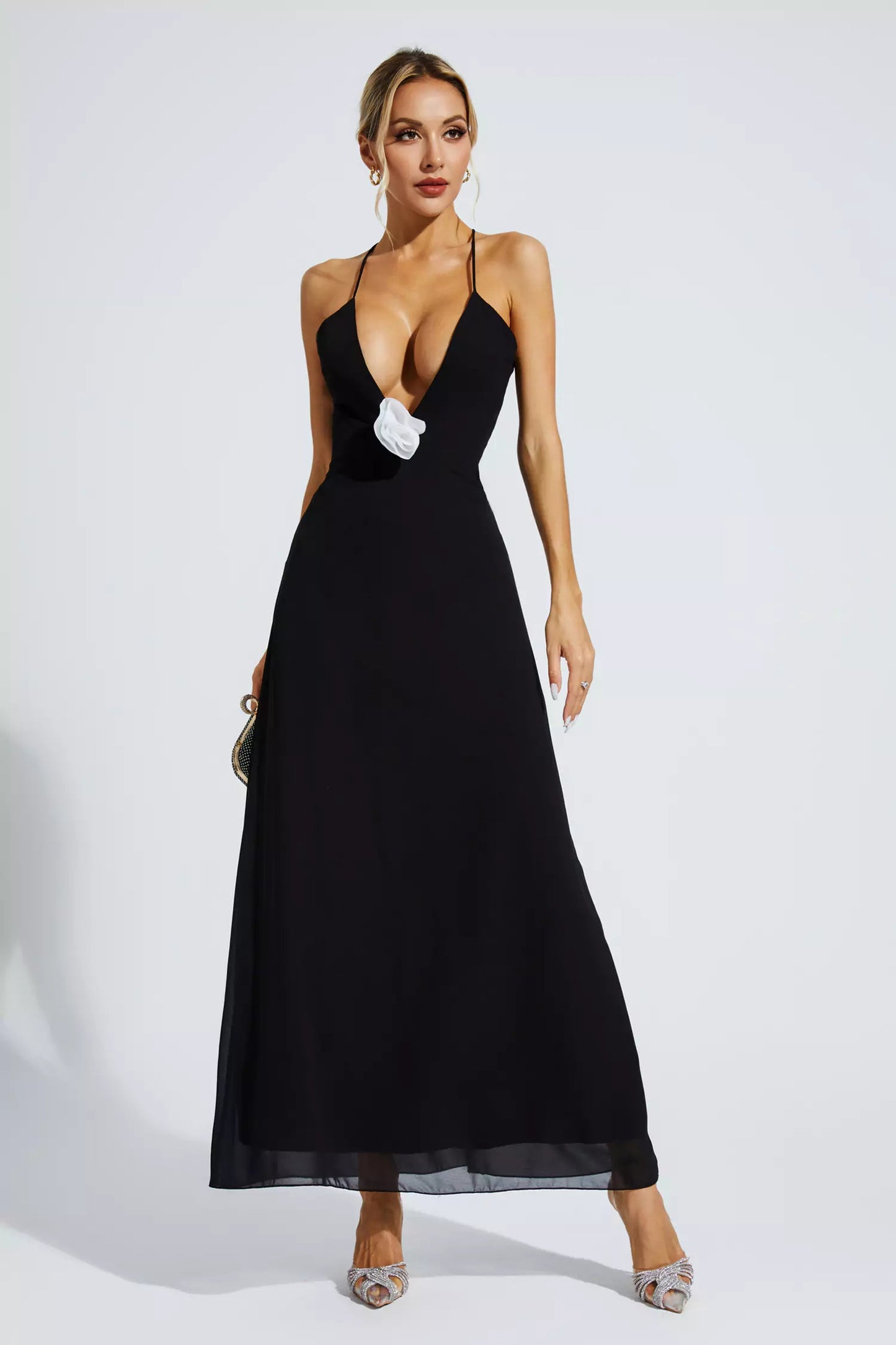 Wrenley Black Floral Embellished Maxi Dress