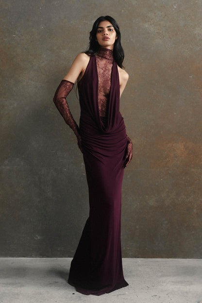 Evelyn Plunging Cowl Lace Bodice Maxi Dress