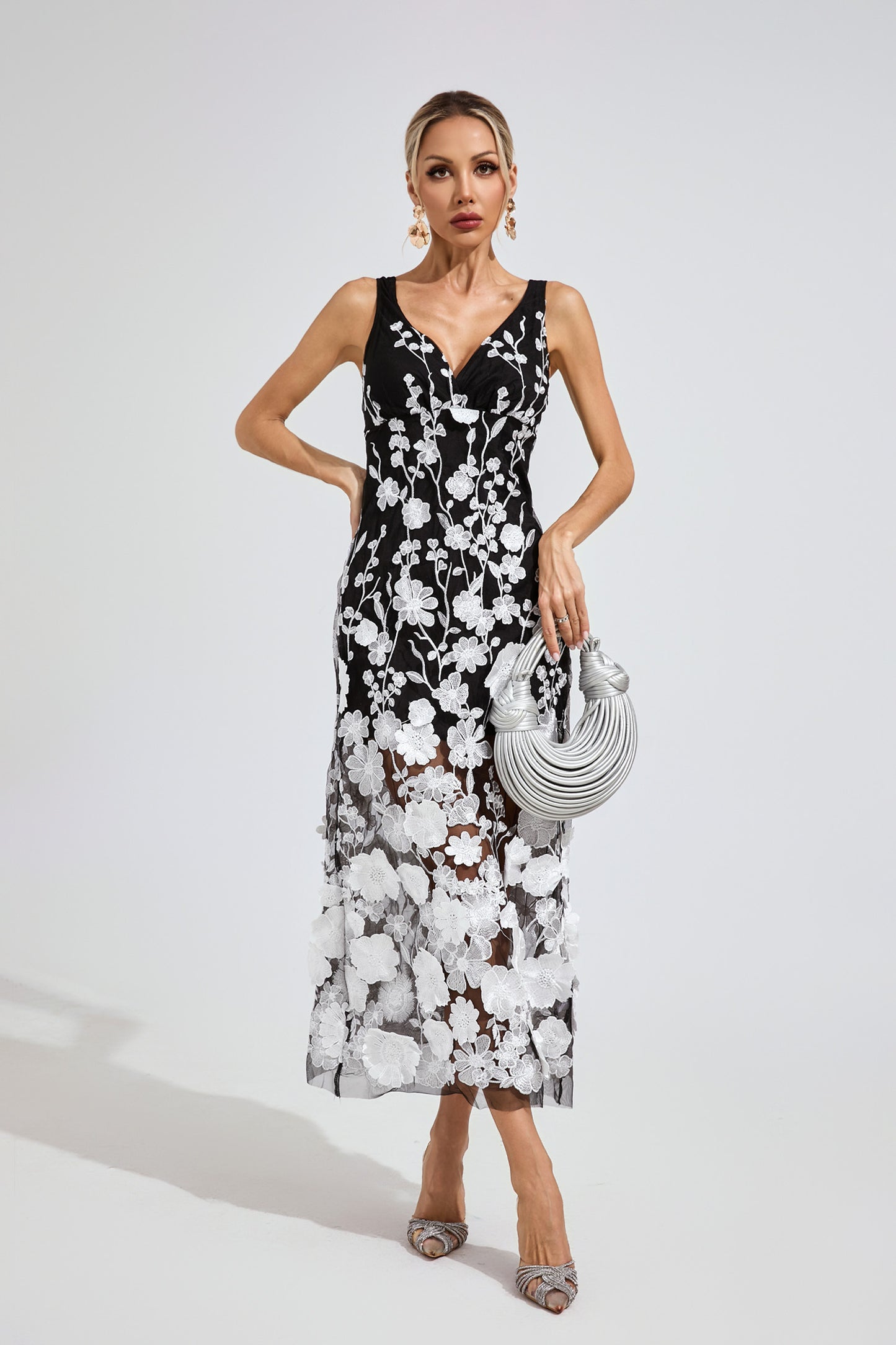 Keller Ture Black Mesh Print Floral Dress