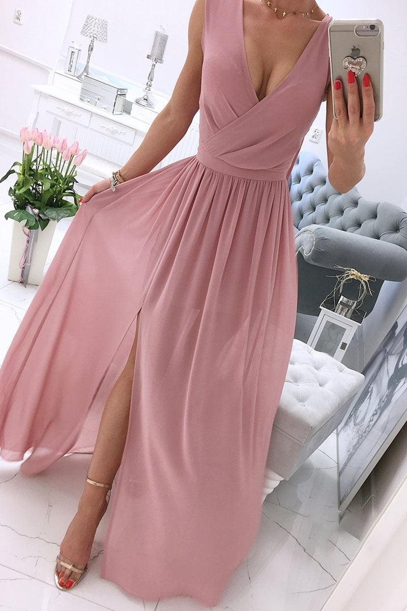 Fashion Street Solid Patchwork V Neck A Line Dresses(5 Colors)