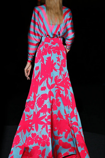 Casual Print Patchwork V Neck Cake Skirt Dresses