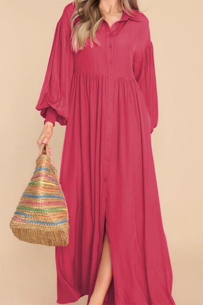 Casual Vintage Solid Fold Turndown Collar Shirt Dress Dresses