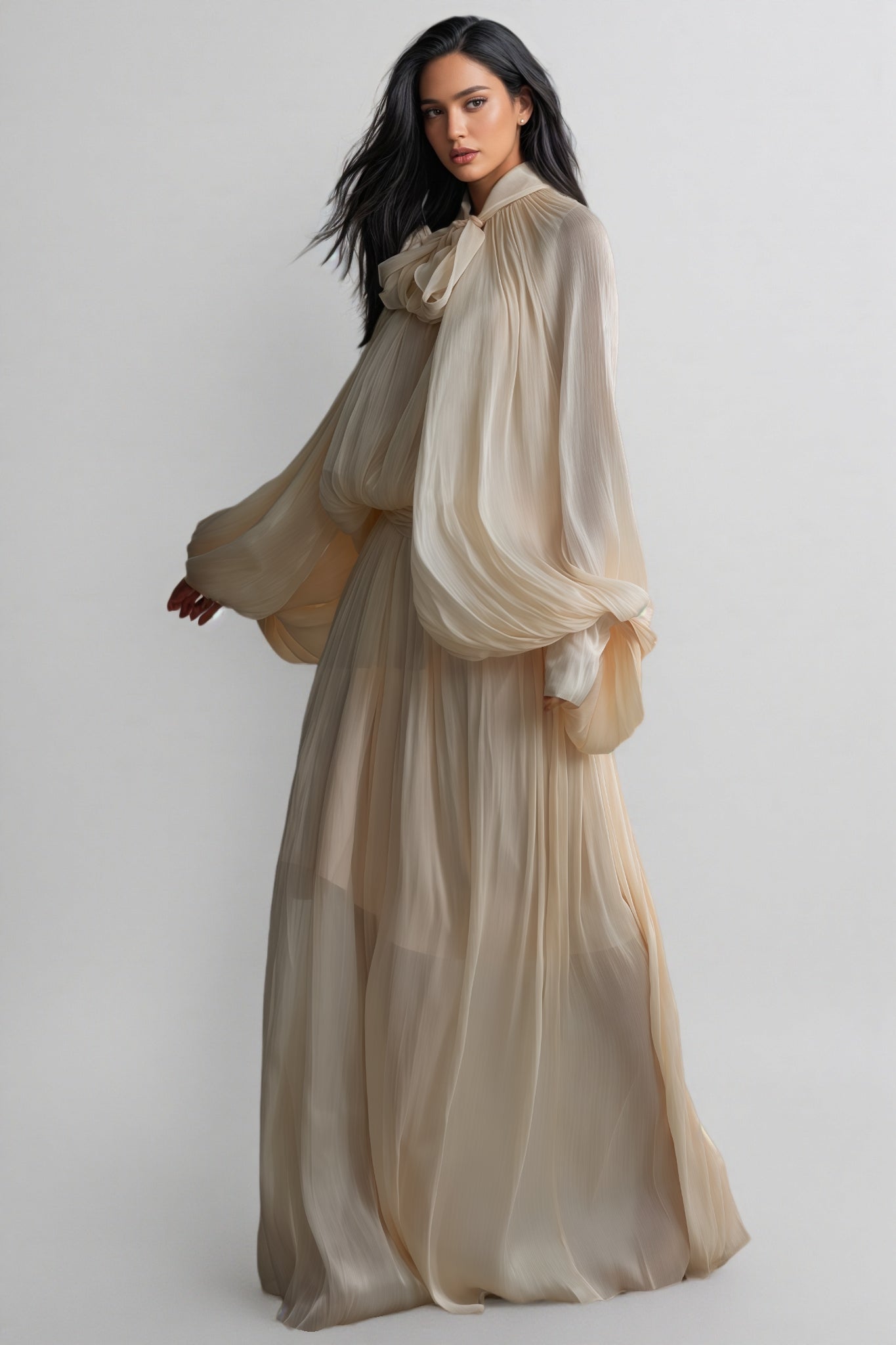Elizabeth Tie Neck Puff Sleeve Maxi Dress