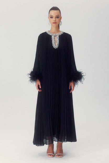Yvonne Diamante Feathered Pleated Maxi Chiffon Dress